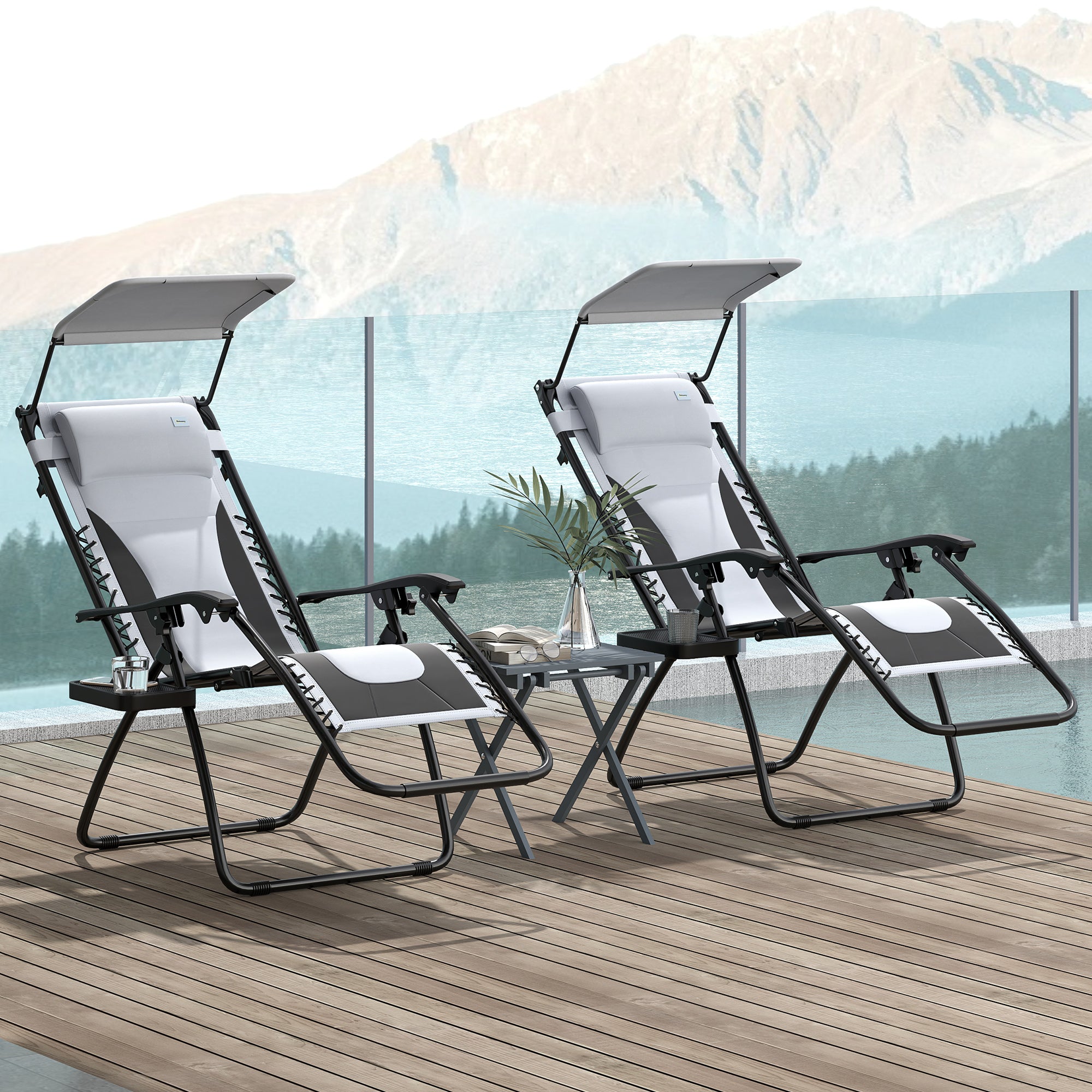 Outsunny Zero Gravity Lounger Chair Set of 2, Folding Reclining Patio Chair with Shade Cover, Padded Seat, Cup Holder, Soft Cushion and Headrest for Poolside, Camping, Light Grey - North Peak Garden Furniture