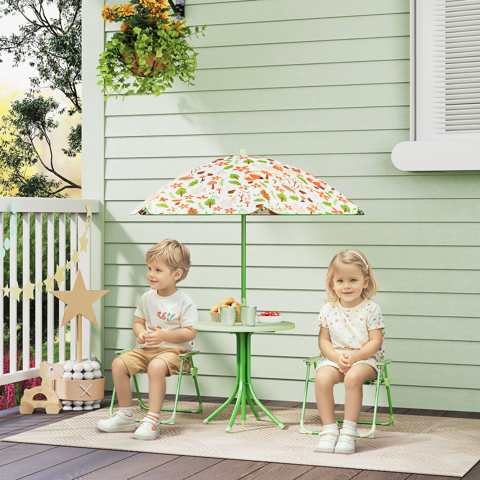 AIYAPLAY 4 Pieces Kids Garden Table and Chair Set with Adjustable Parasol, Folding Chairs, Table, Fox Pattern, Green - North Peak Garden Furniture
