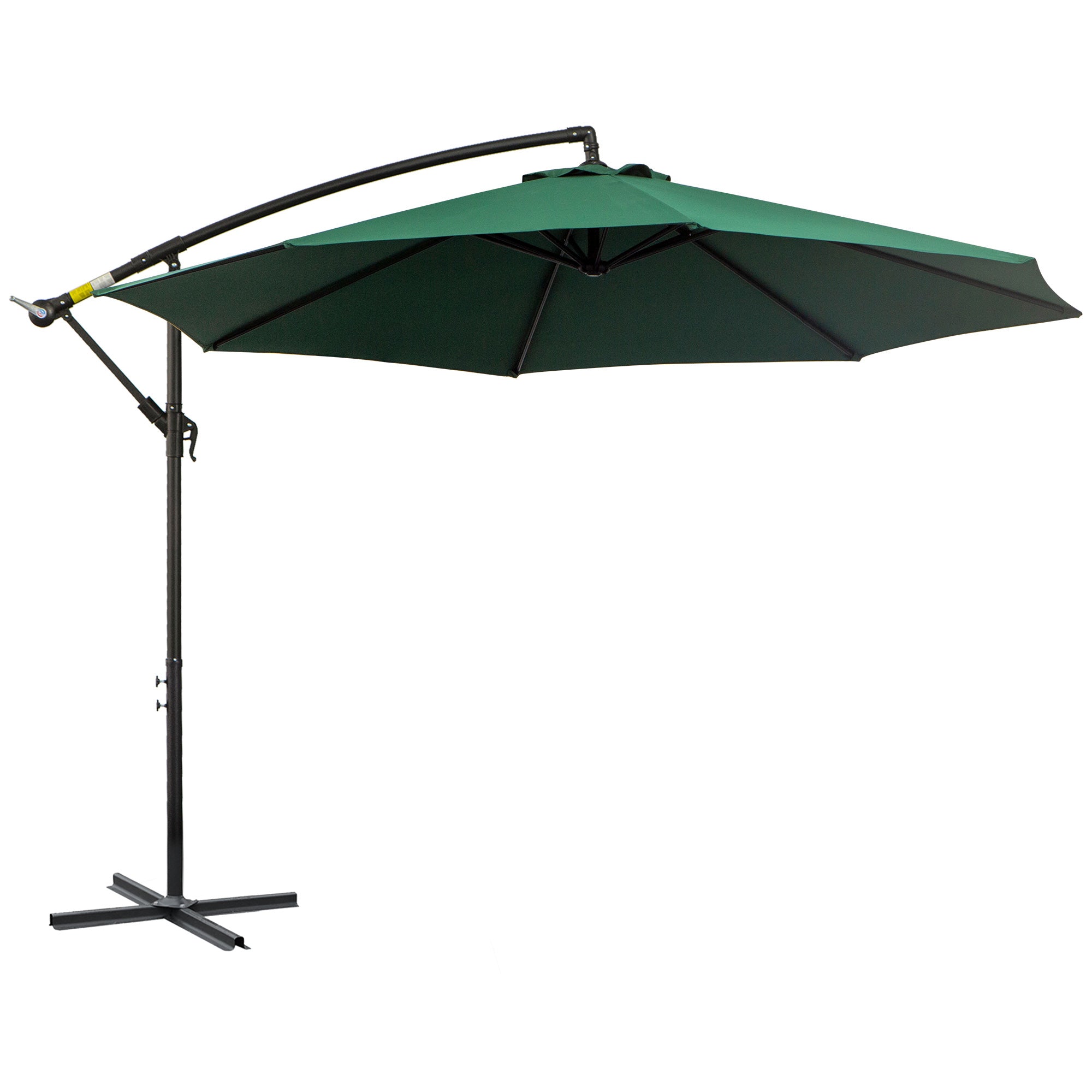 Outsunny 3(m) Banana Parasol Hanging Cantilever Umbrella with Crank Handle, 8 Ribs and Cross Base for Outdoor, Sun Shade, Dark Green - North Peak Garden Furniture