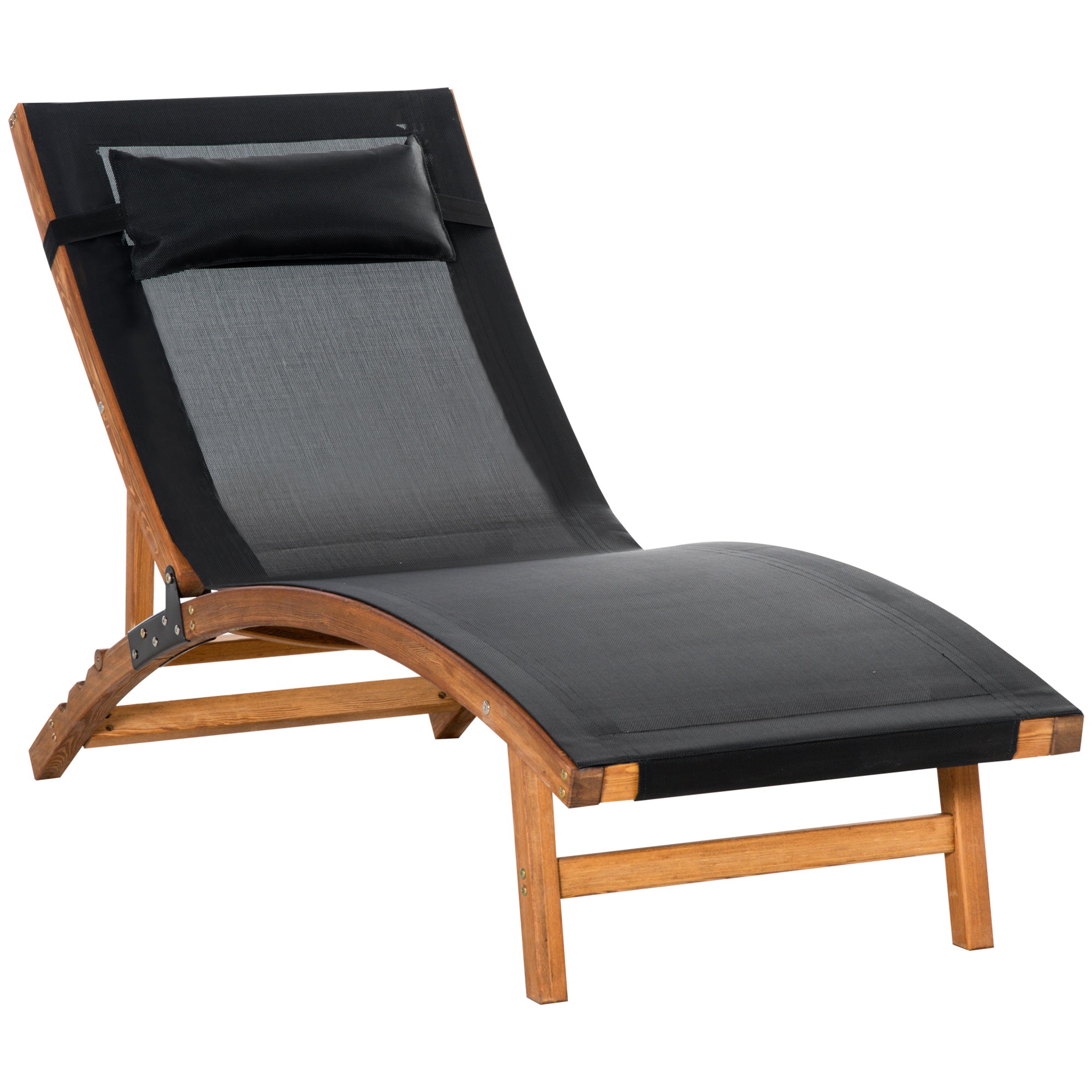 Outsunny Ergonomic Patio Lounge Chair Wooden Outdoor Chaise w/ 3 Adjustable Back and Removable Headrest Pillow for Garden Black - North Peak Garden Furniture