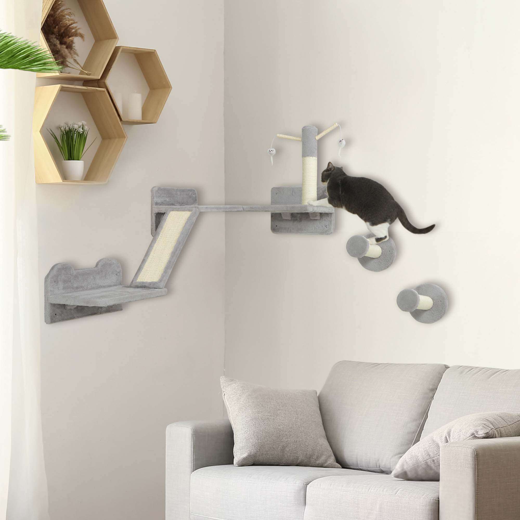 PawHut 3-Piece Cat Wall Furniture with Scratching Posts, Scratching Pads, Perches, Cat Wands, Toy Balls, Light Grey - North Peak Garden Furniture