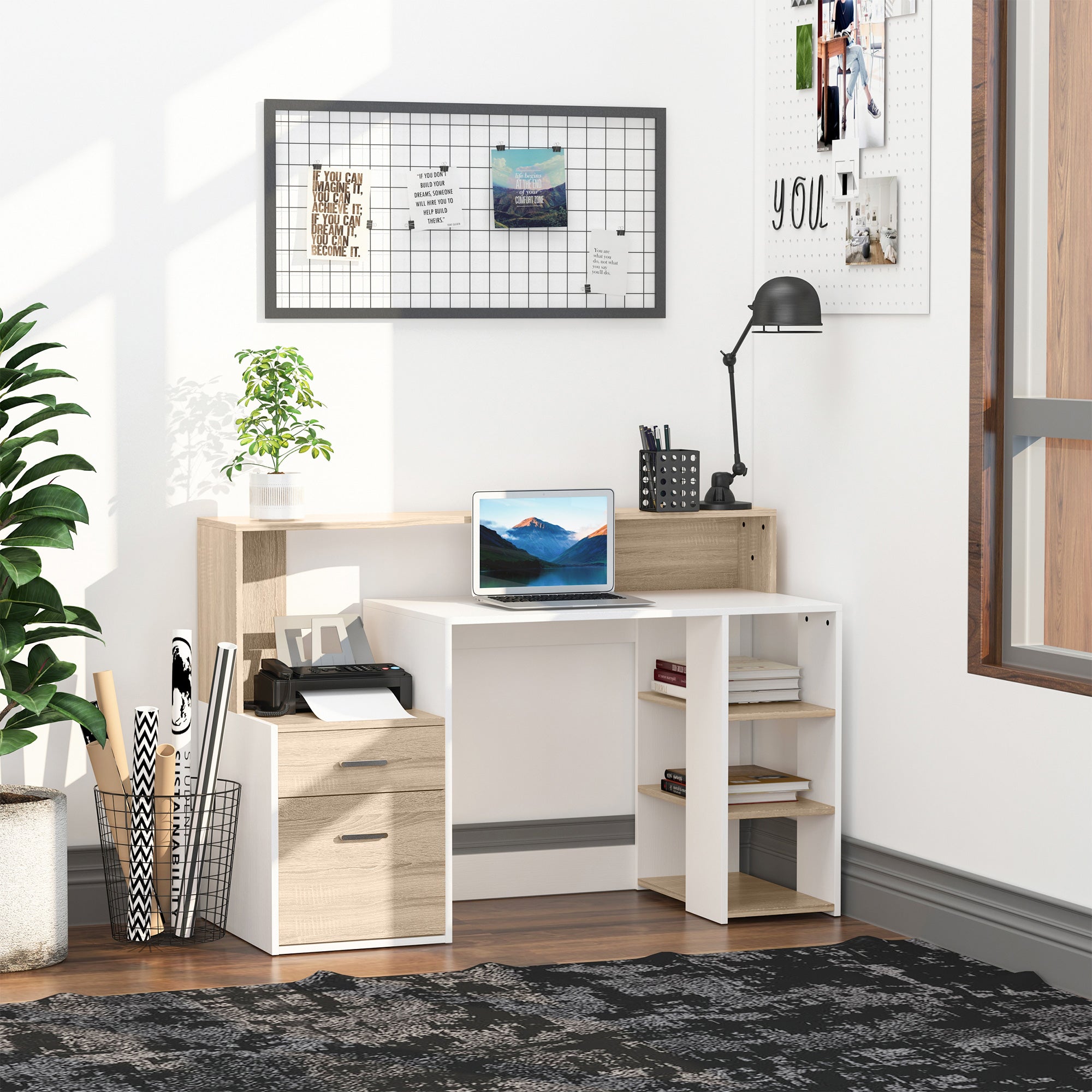 HOMCOM Computer Desk with Drawers and Storage Shelves, Reception Desk, Study Workstation for Home Office, 137 x 55 x 92cm, Oak and White - North Peak Garden Furniture