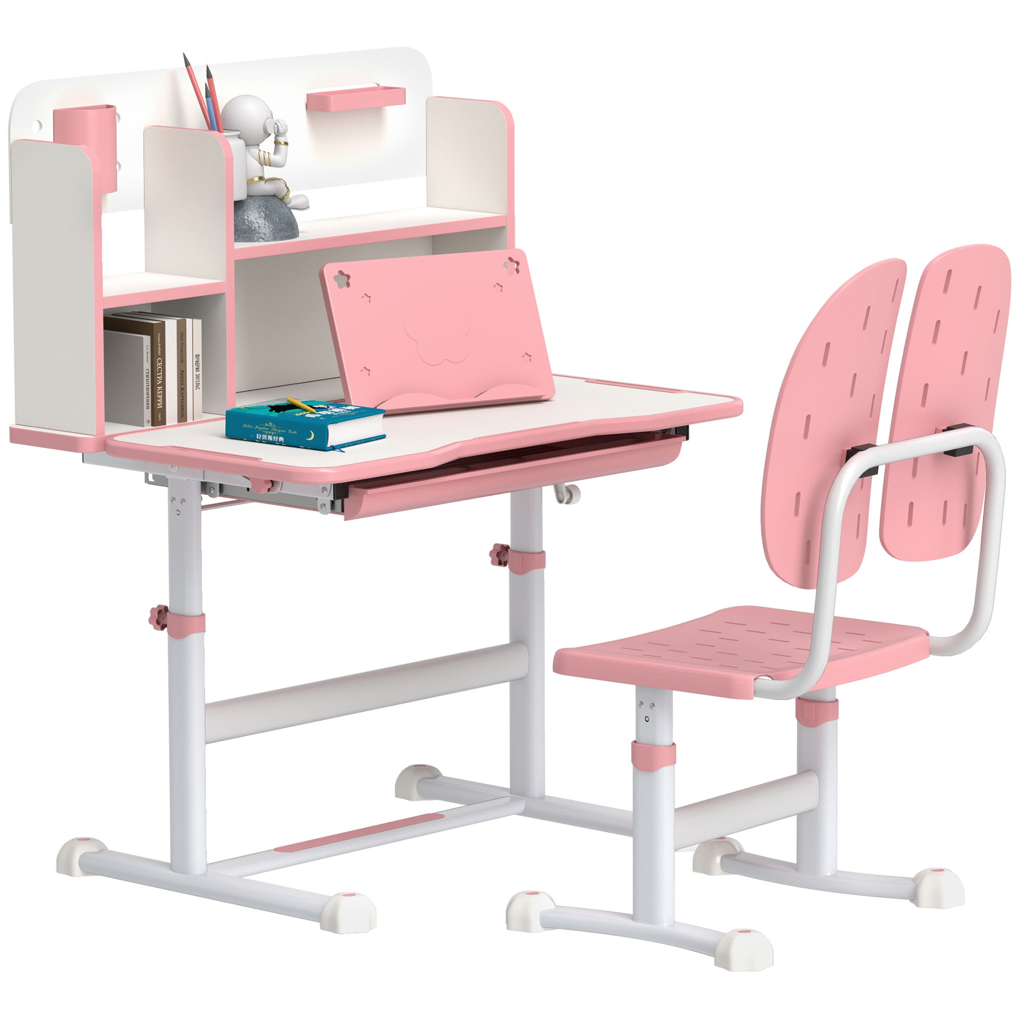 AIYAPLAY Height Adjustable Kids Desk and Chair Set, Children School Study Desk with Tiltable Desktop, Reading Rack, Pink - North Peak Garden Furniture
