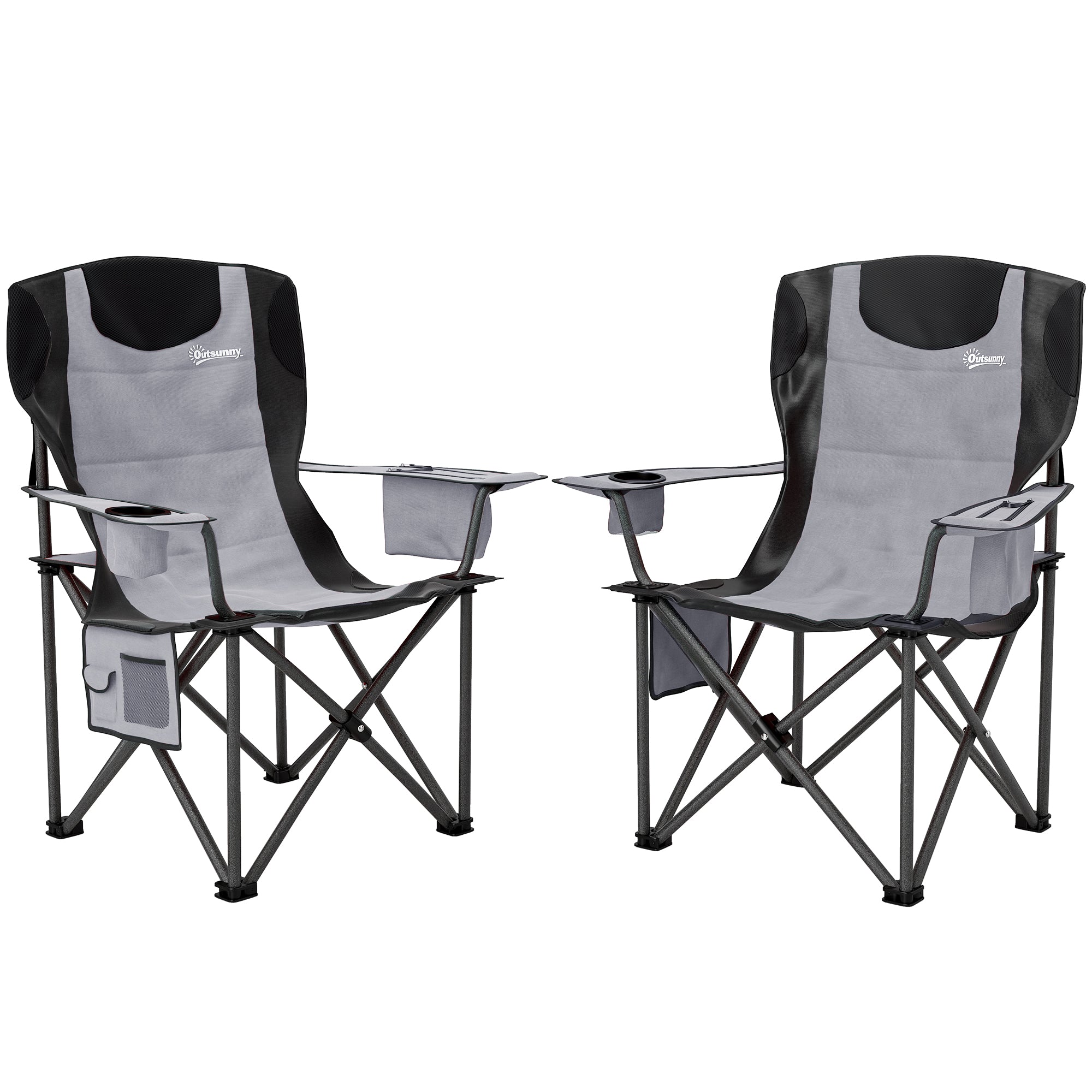 Outsunny Set of 2 Folding Camping Chairs, Padded Camping Chairs with Adjustable Armrests, Portable & Lightweight Folding Camp Chair with Cooler Bag, Cup Holder and Side Pockets, Grey - North Peak Garden Furniture