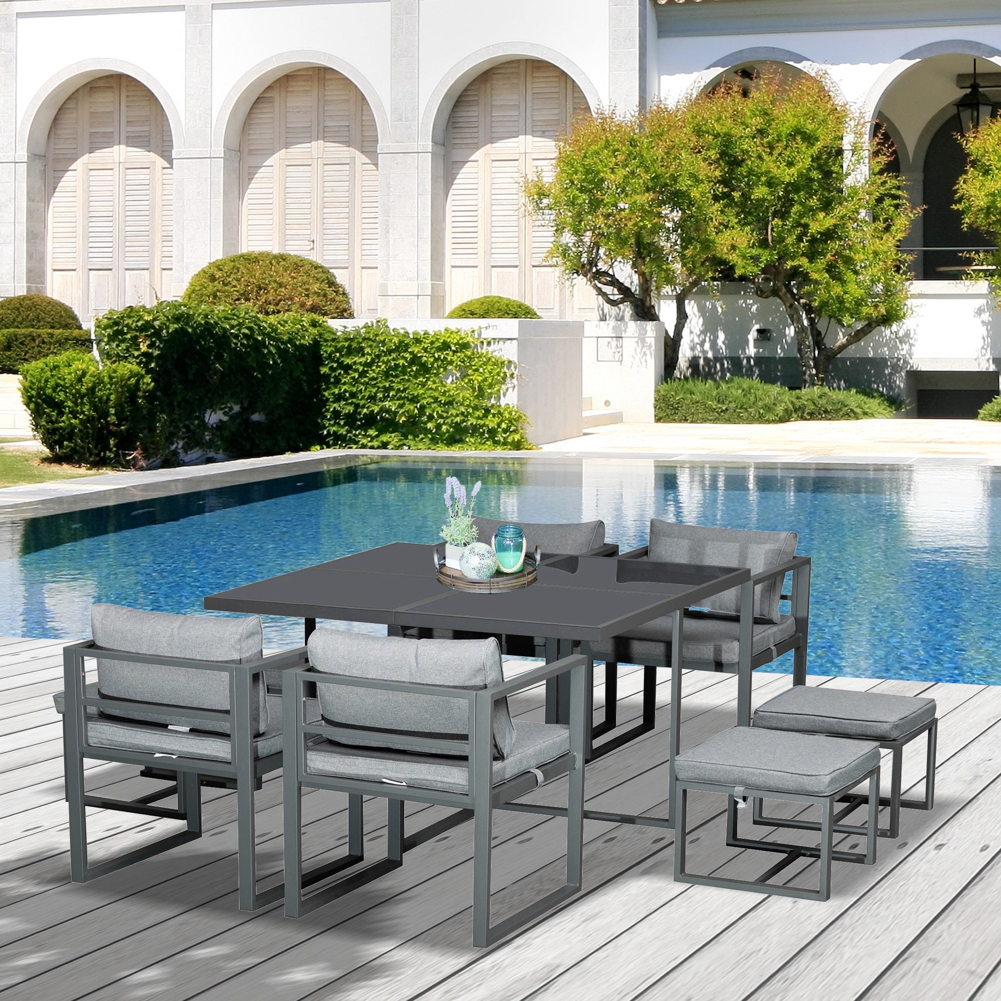 Outsunny 9PCs Patio Aluminium Dining Set, Space Saving Cube Set with 4 Chairs, 4 Ottoman, Cushions, 8 Seater Garden Furniture - North Peak Garden Furniture