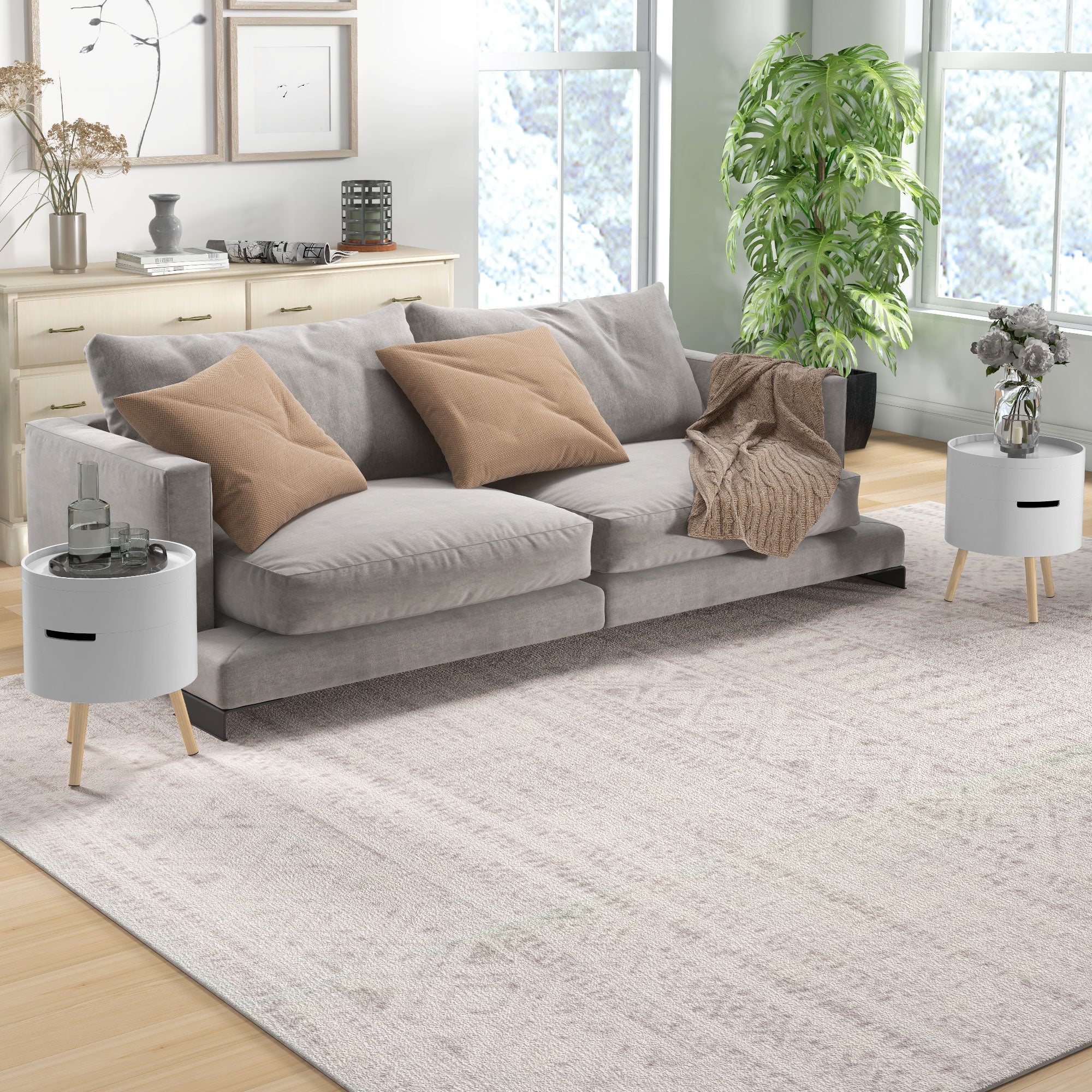 HOMCOM 3-Tier Coffee Table, Round End Table with 2 Hidden Compartments and Detachable Tray, Side Table with Storage for Living Room, Set of 2, White - North Peak Garden Furniture