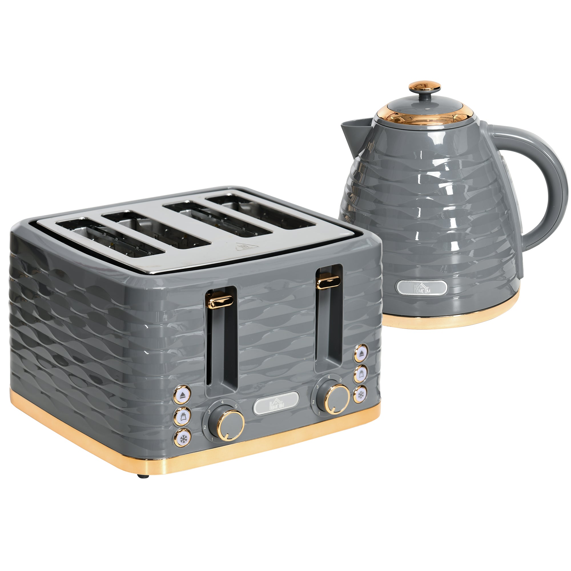 HOMCOM Kettle and Toaster Sets, 3000W 1.7L Rapid Boil Kettle & 4 Slice Toaster with 7 Browning Controls, Defrost, Reheat and Crumb Tray, Otter thermostat, Grey - North Peak Garden Furniture