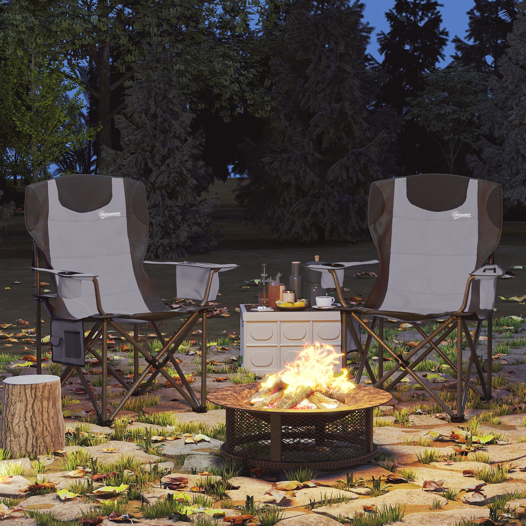 Outsunny Set of 2 Folding Camping Chairs, Padded Camping Chairs with Adjustable Armrests, Portable & Lightweight Folding Camp Chair with Cooler Bag, Cup Holder and Side Pockets, Grey - North Peak Garden Furniture