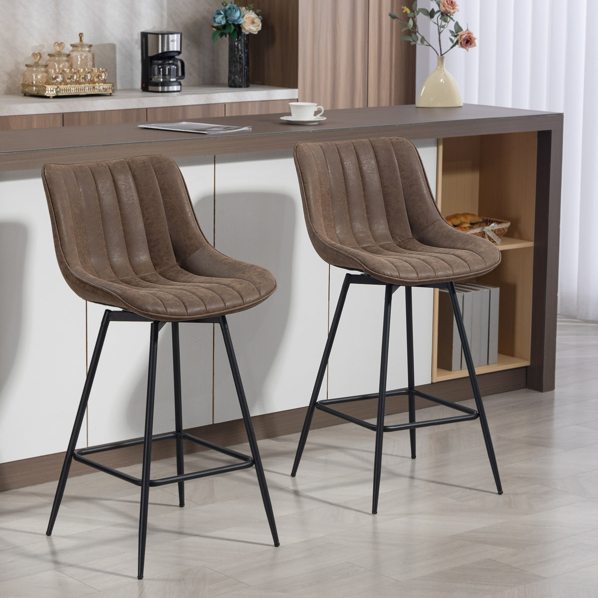 HOMCOM Set of 2 PU Leather Swivel Bar Stools - Brown