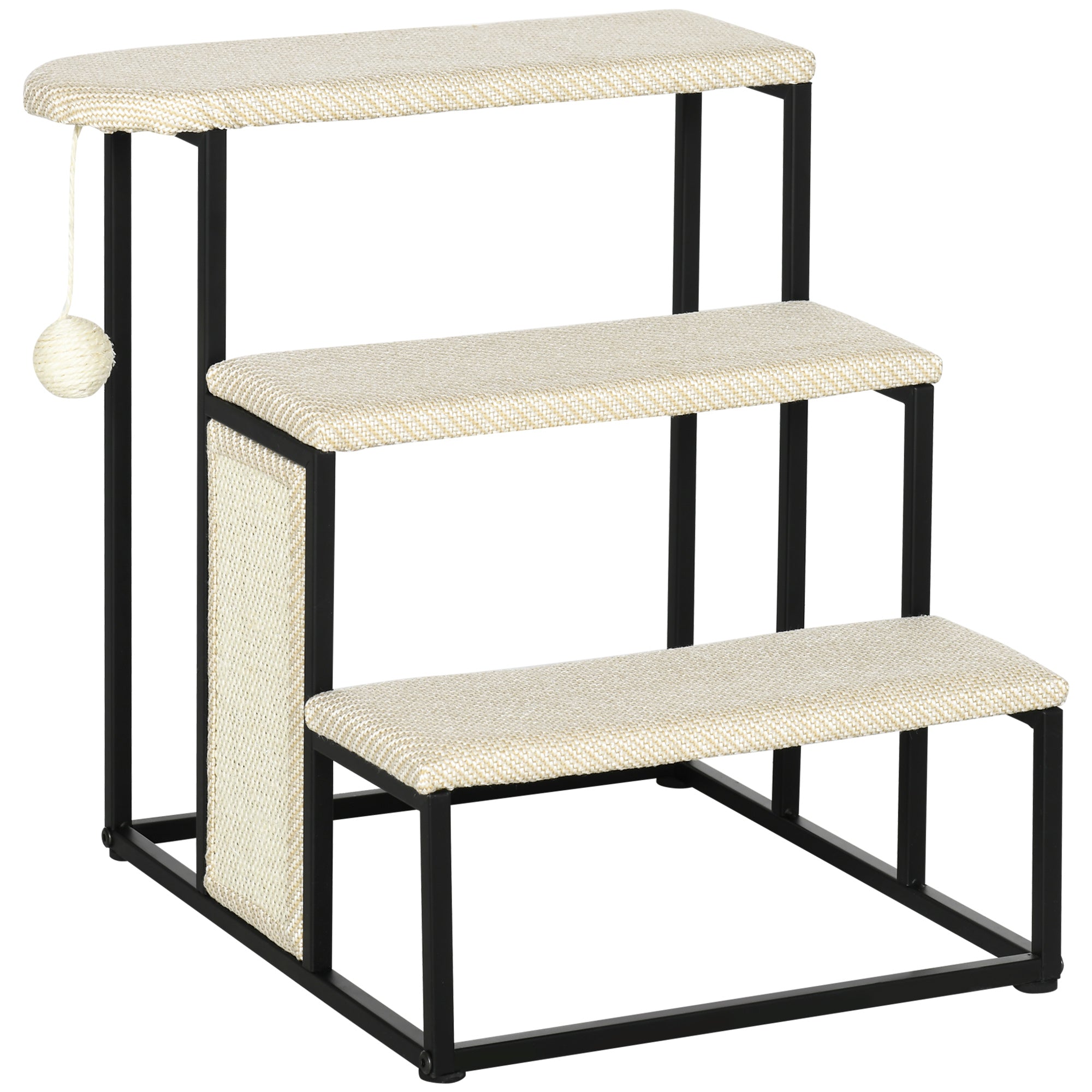 PawHut Three-Step Pet Stairs, with Sisal Scratching Board, Toy Hanging Ball, Steel Frame - North Peak Garden Furniture