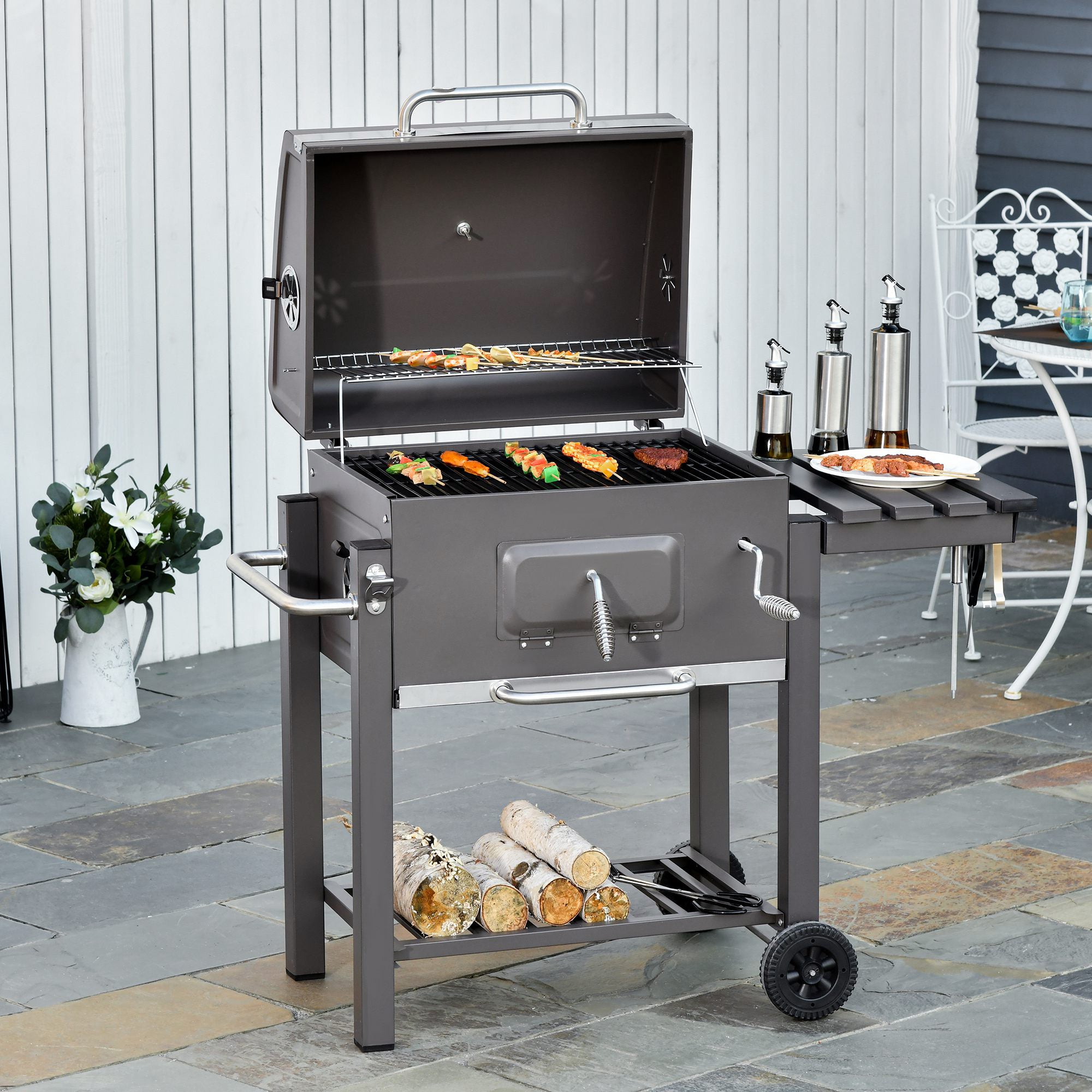 Outsunny Charcoal Grill BBQ Trolley with Adjustable Charcoal Grate, Garden Metal Smoker Barbecue with Shelf, Side Table, Wheels, Built-in Thermometer, Bottle Opener - North Peak Garden Furniture