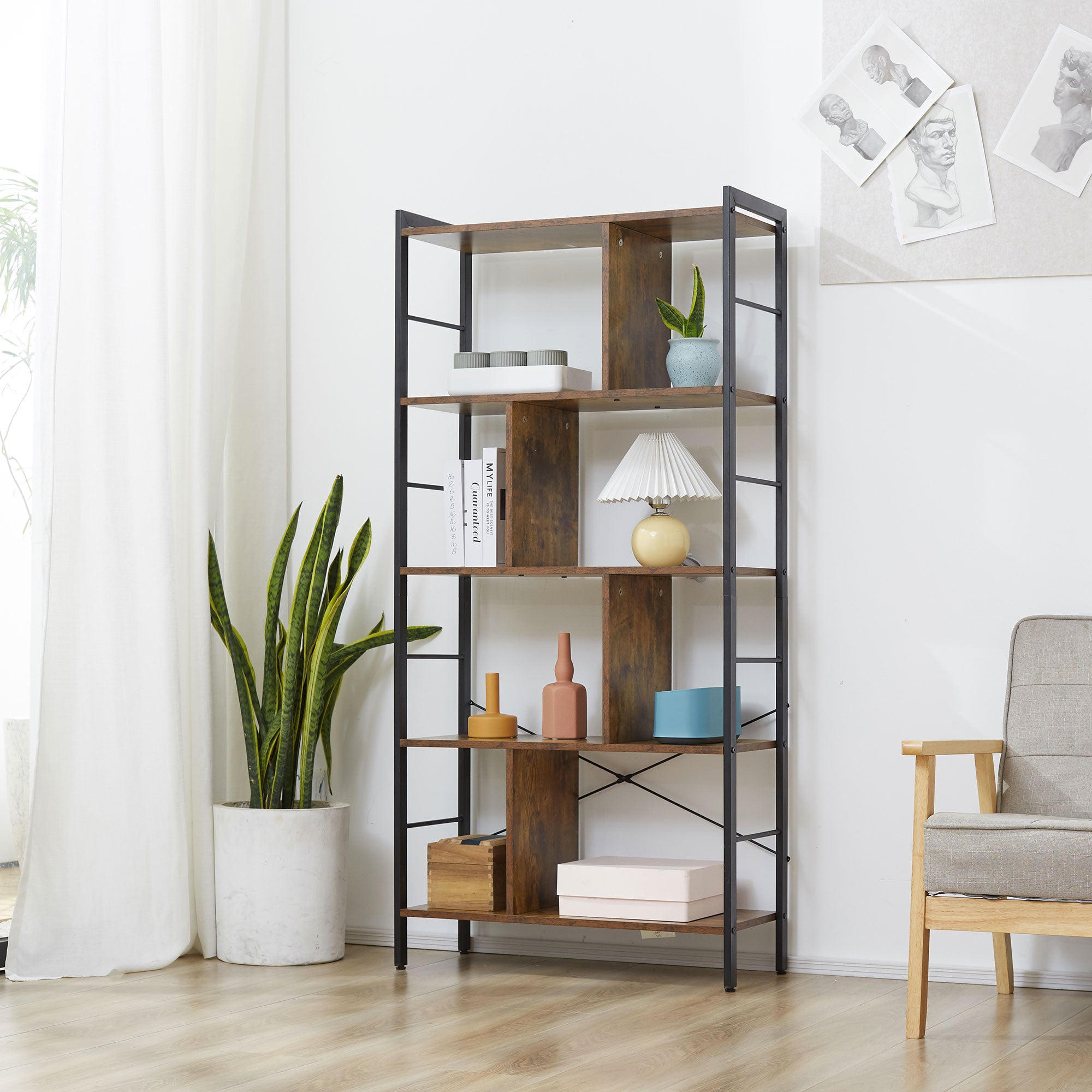 HOMCOM Industrial Storage Shelf Bookcase Closet Floor Standing Display Rack with 5 Tiers, Metal Frame for Living Room & Study, Rustic Brown