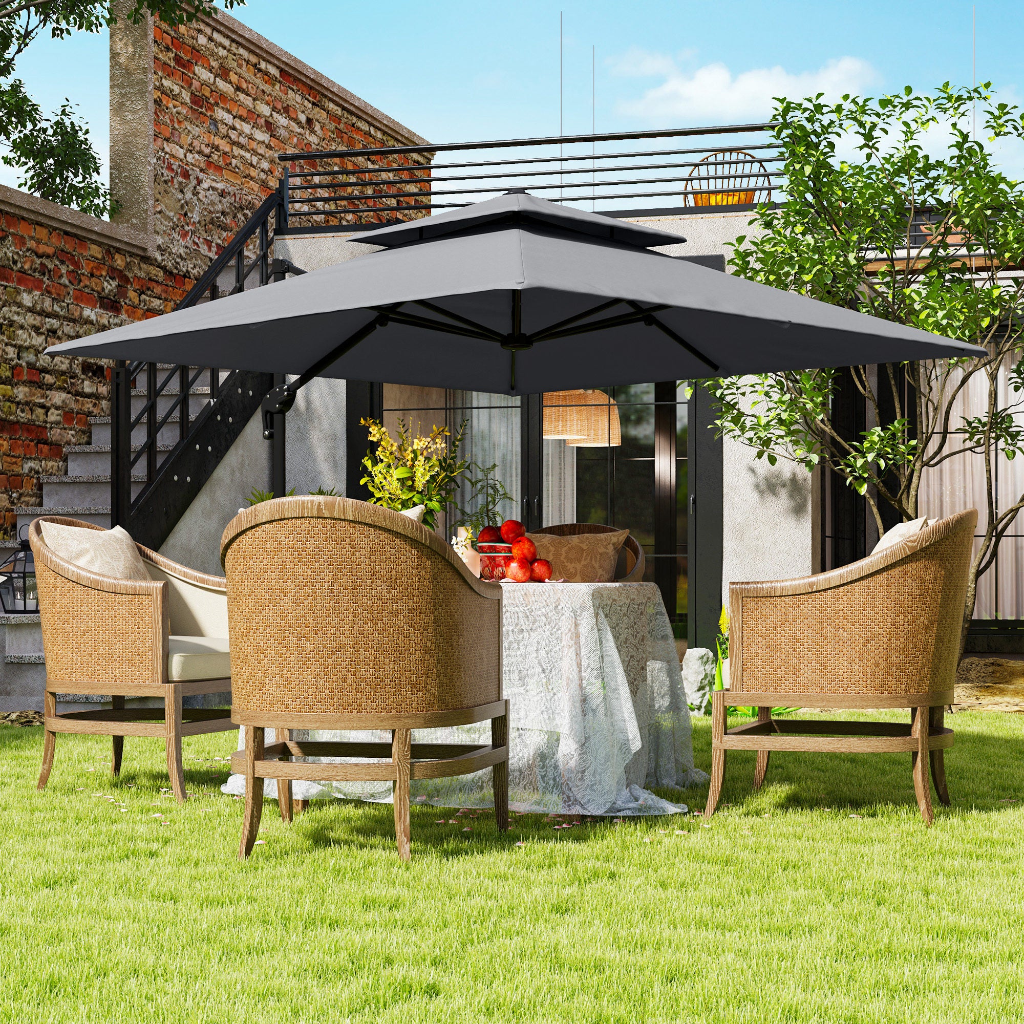 Outsunny 3 x 3(m) Cantilever Parasol with Aluminium Frame, Crank and Tilt, 360° Rotation, Double Top Garden Umbrella with Base and Cover, Light Grey - North Peak Garden Furniture