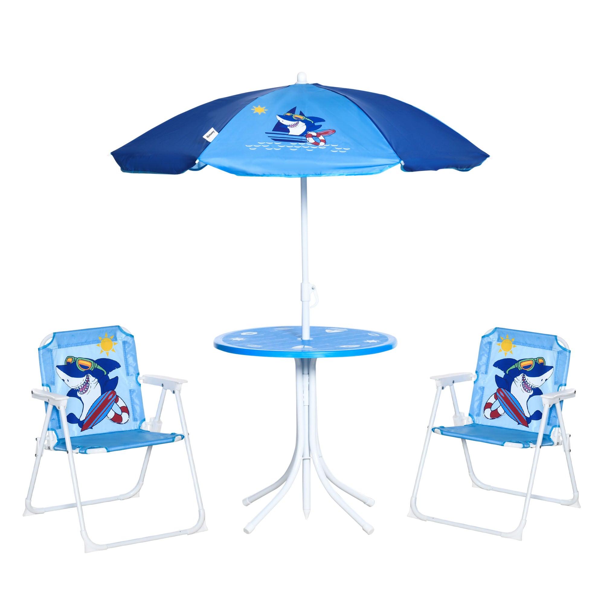 Outsunny Kids Outdoor Bistro Table and Chair Set, Folding Garden Furniture w/ Shark Design, Removable, Adjustable Sun Umbrella, Ages 3-6 Years - Blue - North Peak Garden Furniture