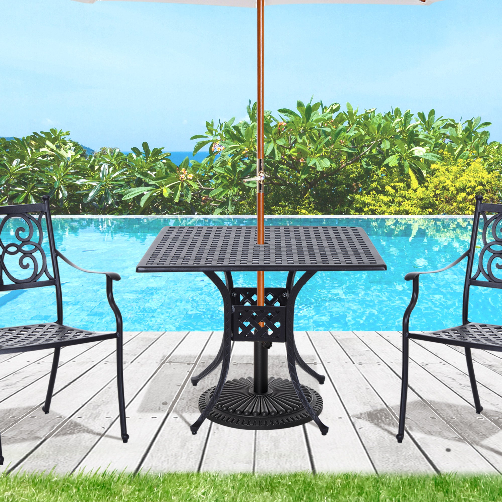 Outsunny 90cm Square Garden Table with Umbrella Hole, Aluminium Grid Motif Outdoor Dining Table for Garden Patio, Black - North Peak Garden Furniture