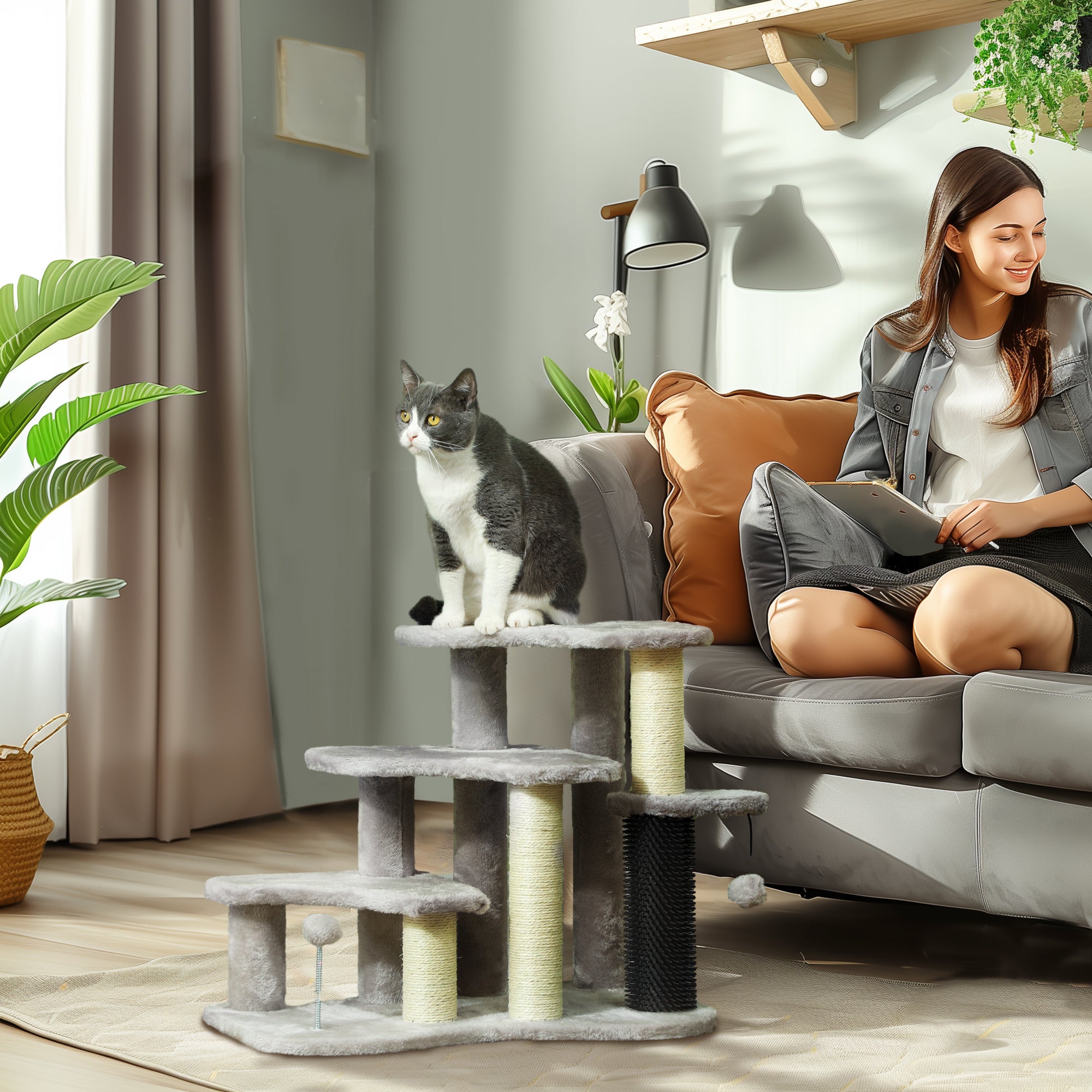 PawHut 2-in-1 Cat Tree, Pet Stairs w/ Scratching Post, Toy Balls, for Bed, Sofa, Couch, Light Grey - North Peak Garden Furniture