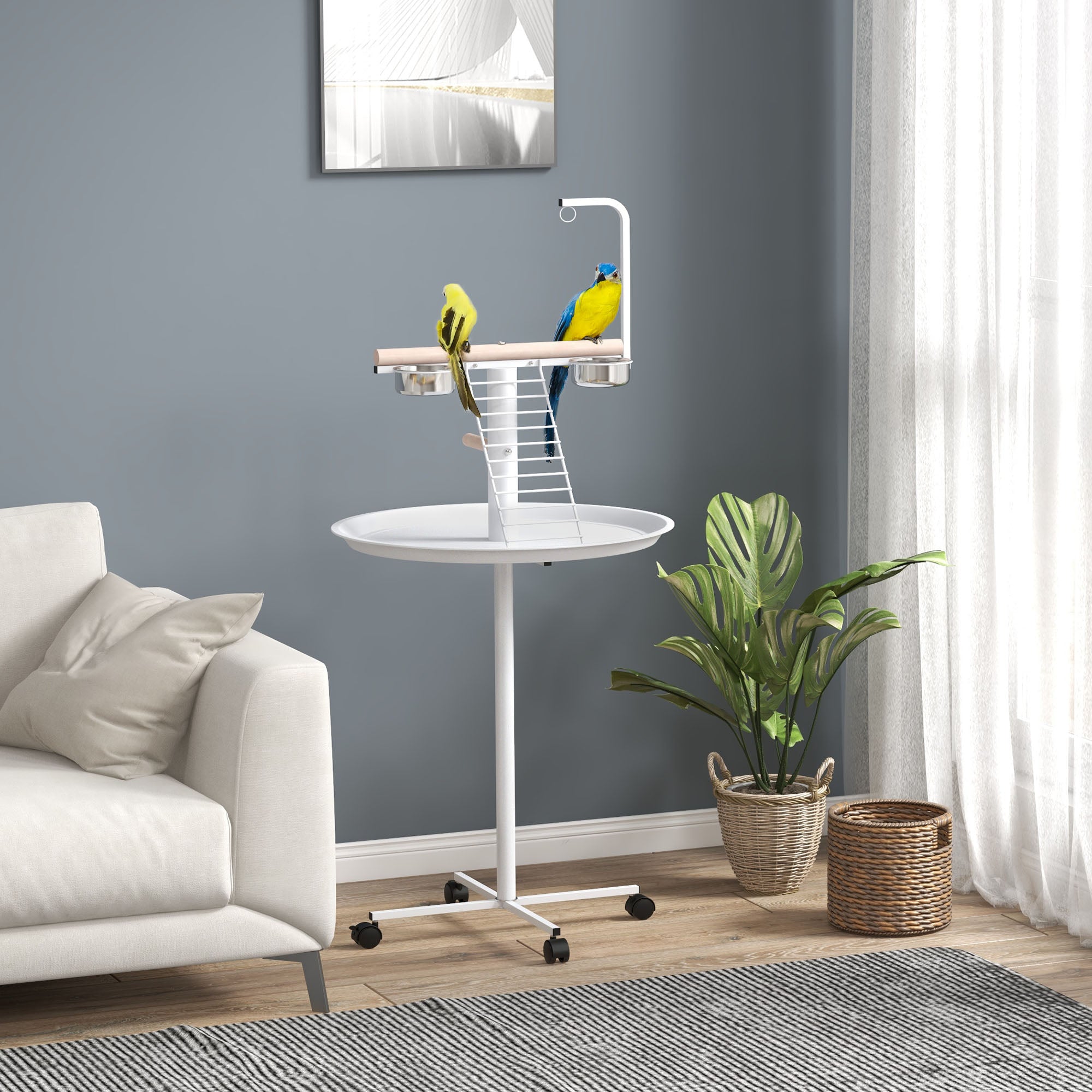 PawHut Bird Stand with Four Wheels, Perches, Stainless Steel Feed Bowls, Round Tray, for Garden, Indoor, Outdoor - White - North Peak Garden Furniture