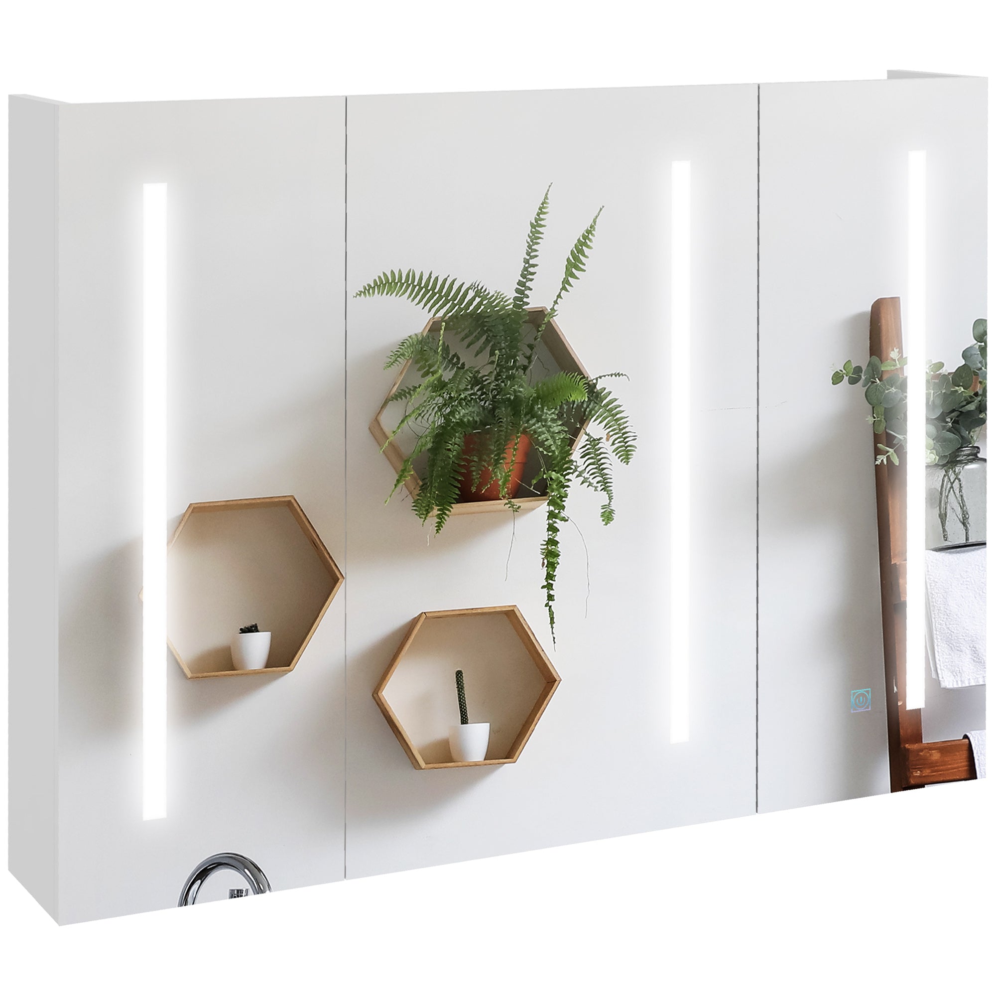 kleankin Bathroom Mirror Cabinet with Light, Bathroom Storage Cupboard with USB Charge, Adjustable Shelf, 90x15x70cm, White - North Peak Garden Furniture