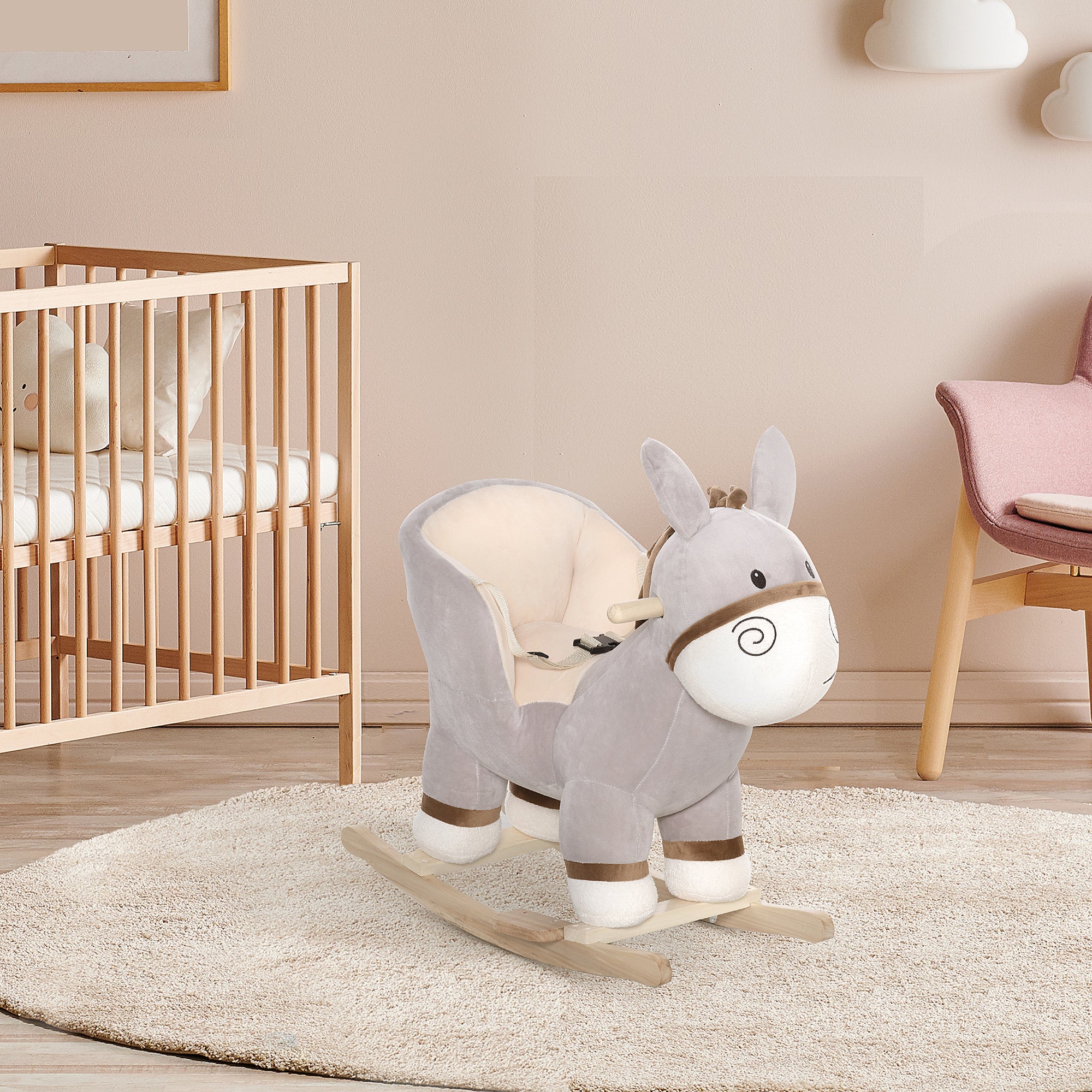 HOMCOM Kids Children Rocking Horse Plush Ride On Donkey Seat w/ Sound Wood Base Seat Safety Belt Toddler Baby Toy Rocker Grey 18 - 36 Months - North Peak Garden Furniture