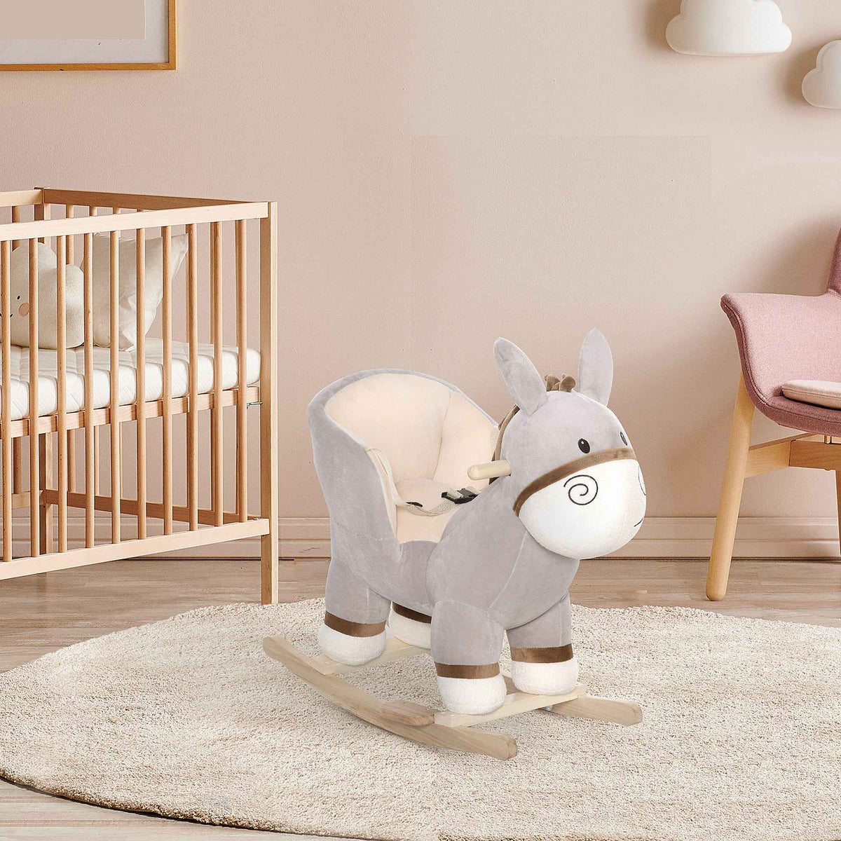 HOMCOM Kids Children Rocking Horse Plush Ride On Donkey Seat w/ Sound Wood Base Seat Safety Belt Toddler Baby Toy Rocker Grey 18 - 36 Months