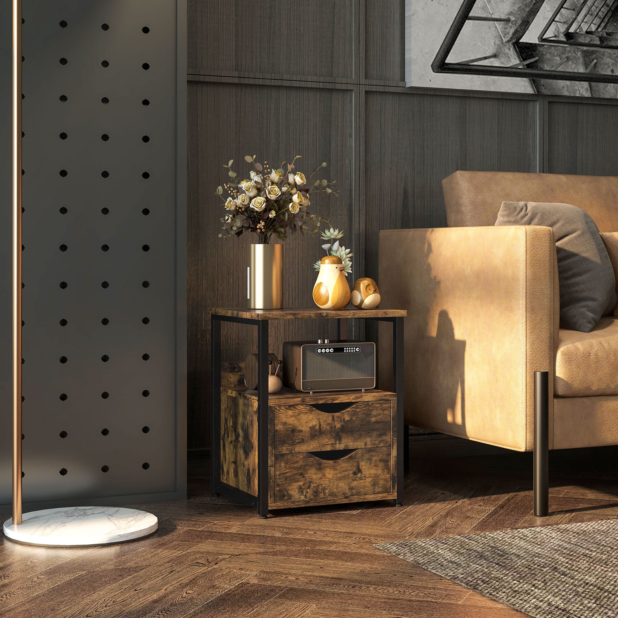 HOMCOM Industrial Side Table with Drawer, Sofa Table, Bedside Cabinet with Storage Shelf, Slim Nightstand for Living Room, Bedroom, Rustic Brown - North Peak Garden Furniture