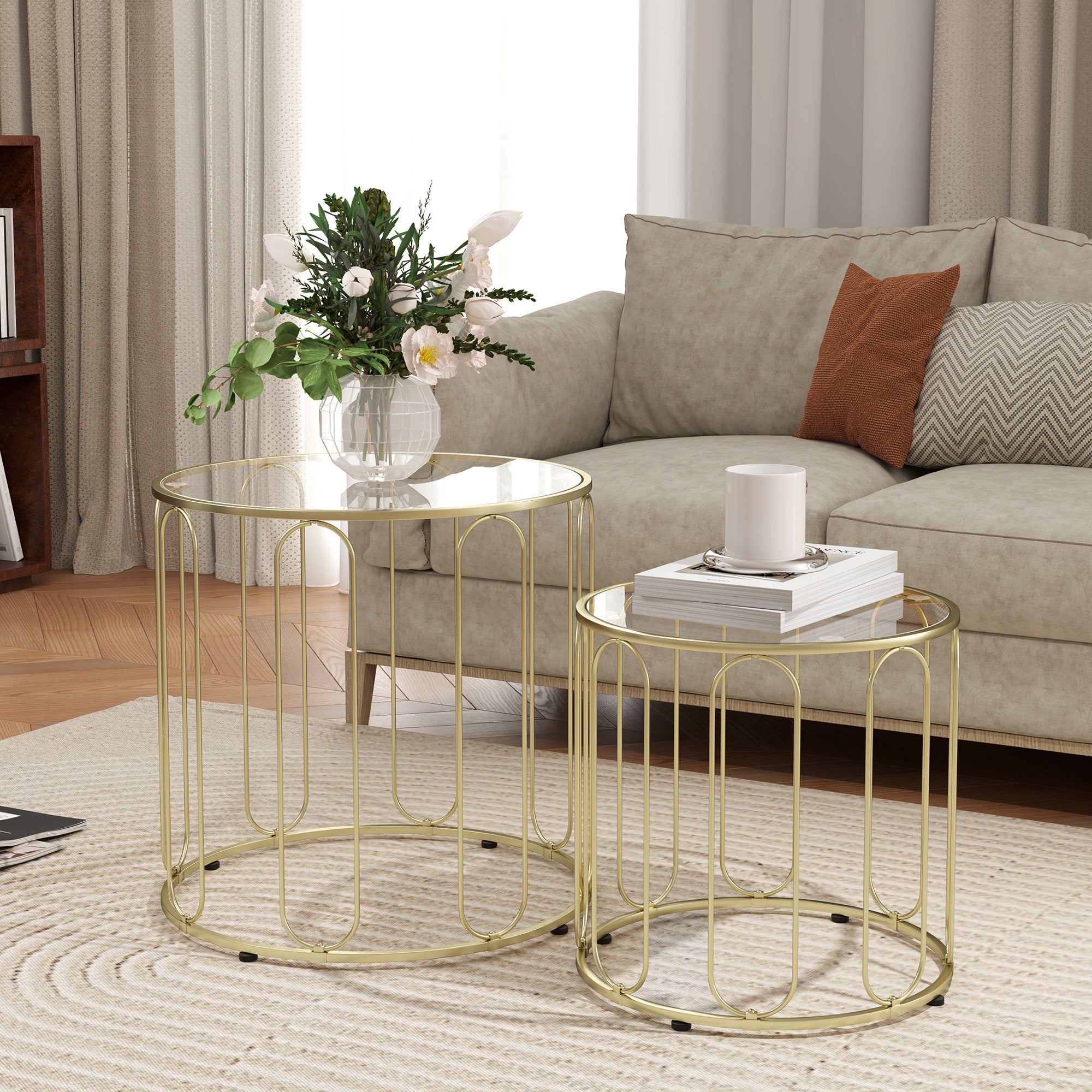 HOMCOM Round Coffee Table Set of 2, Glass Nest of Tables with Metal Frame and Tempered Glass Tabletop, Modern Side Tables for Living Room, Gold Tone - North Peak Garden Furniture