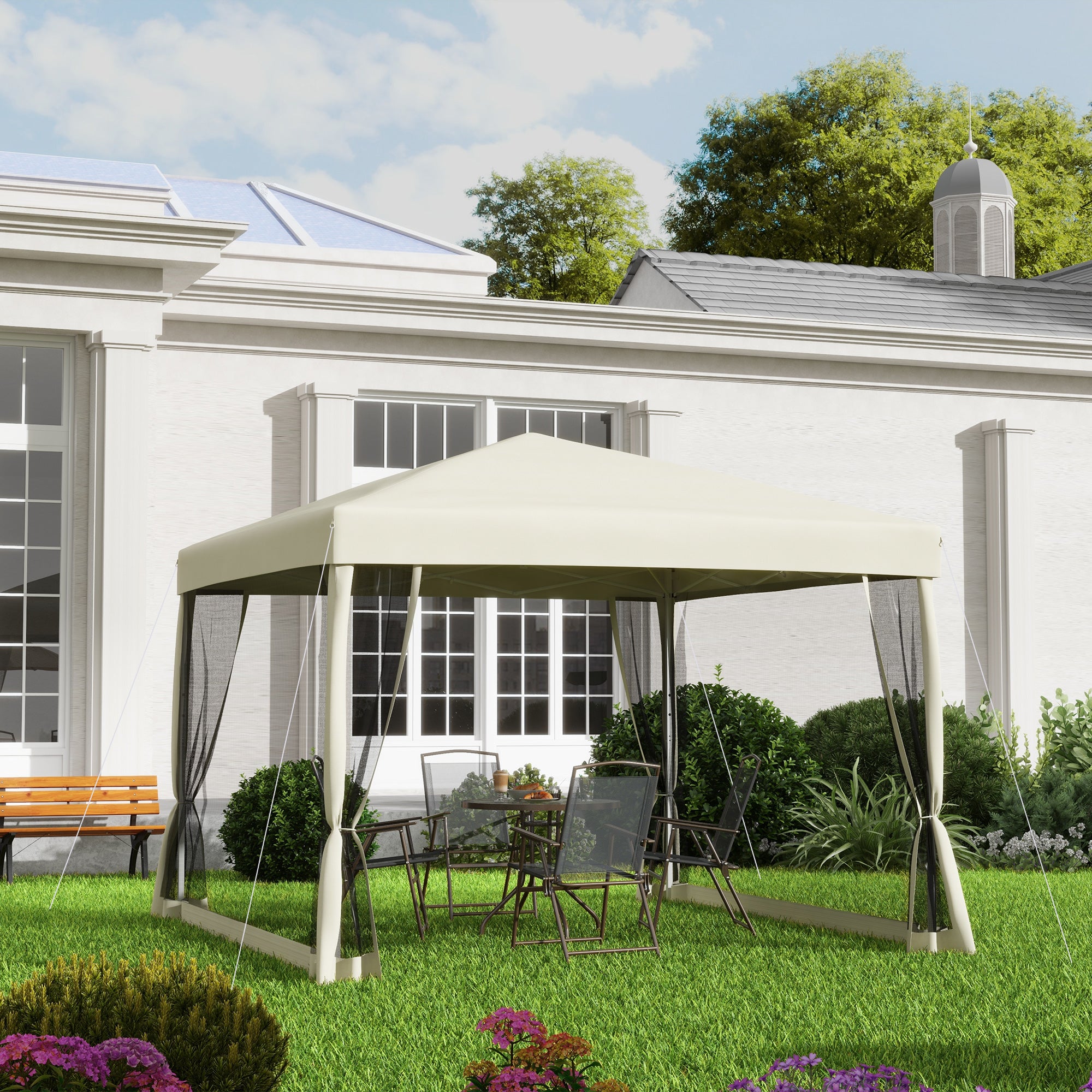 Outsunny 3 x 3(m) Pop Up Gazebo Canopy Tent with Carry Bag, Height Adjustable Mesh Screen House, Portable Garden Outdoor Shade Shelter - North Peak Garden Furniture