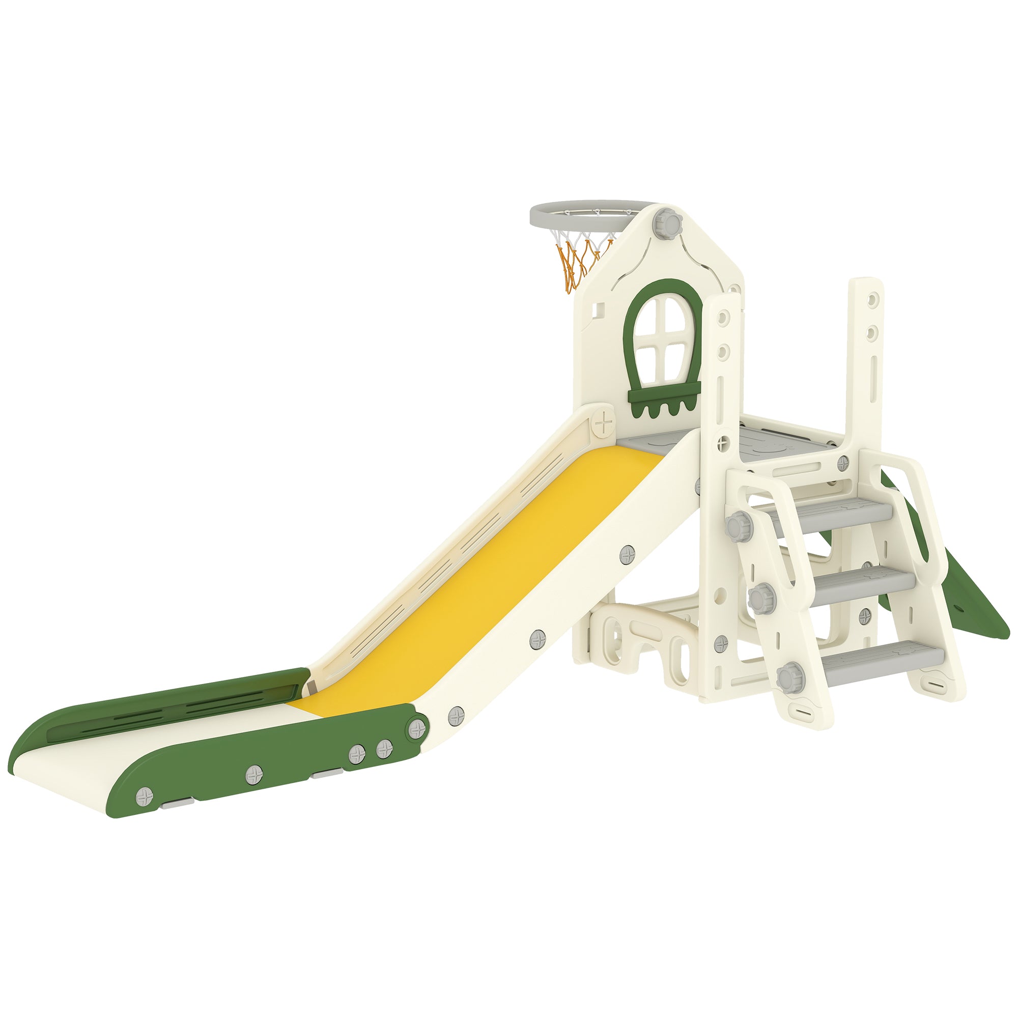 AIYAPLAY Foldable 5 in 1 Toddler Slide with Ladder, Climbing Wall, Basketball Hoop, Storage and Basketball for 1-3 Years, Cream