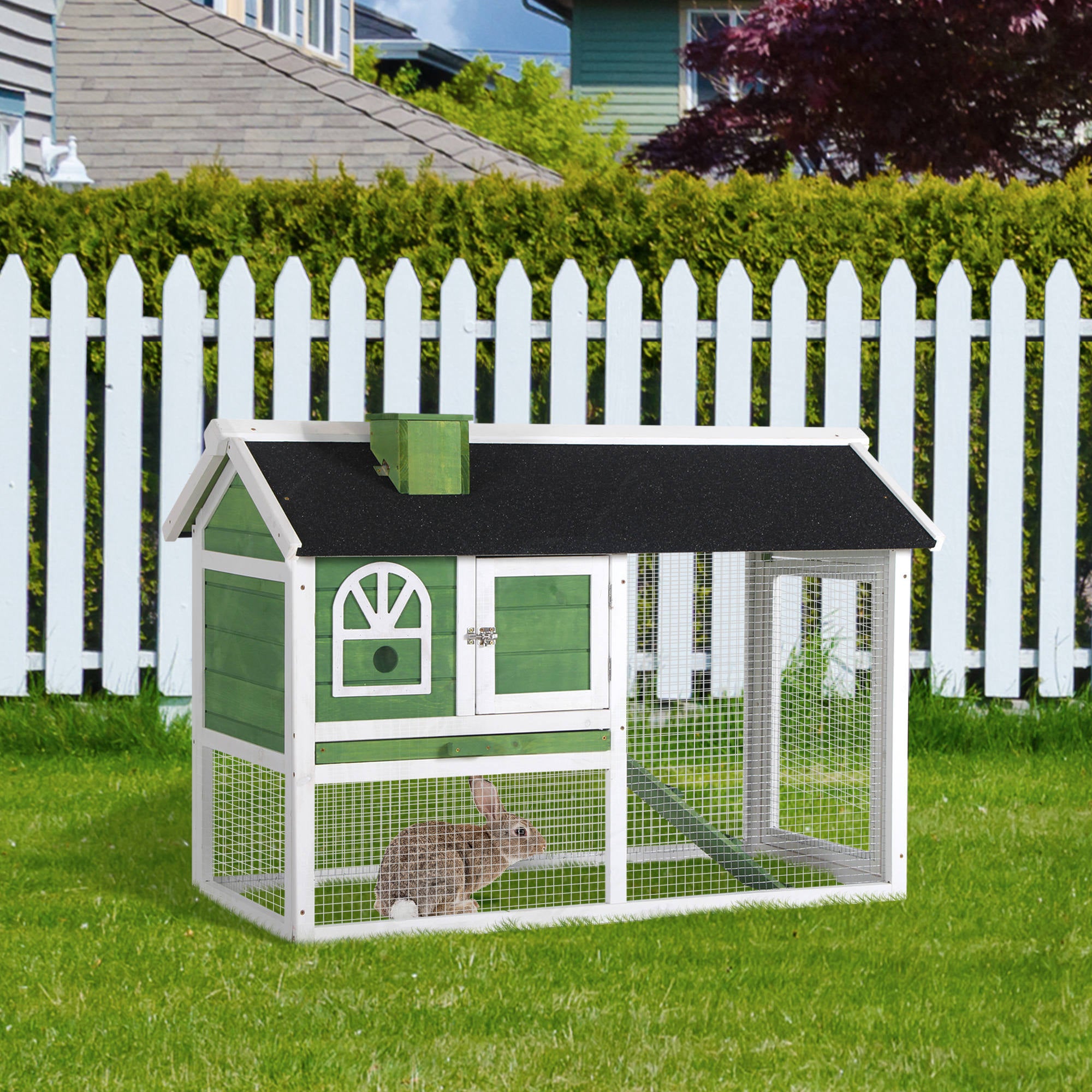 PawHut 2 Tiers Rabbit Hutch and Run Wooden Guinea Pig Hutch Outdoor with Sliding Tray, Ramp, Water-resistant Roof, for 2-4 Rabbits, Grey - North Peak Garden Furniture