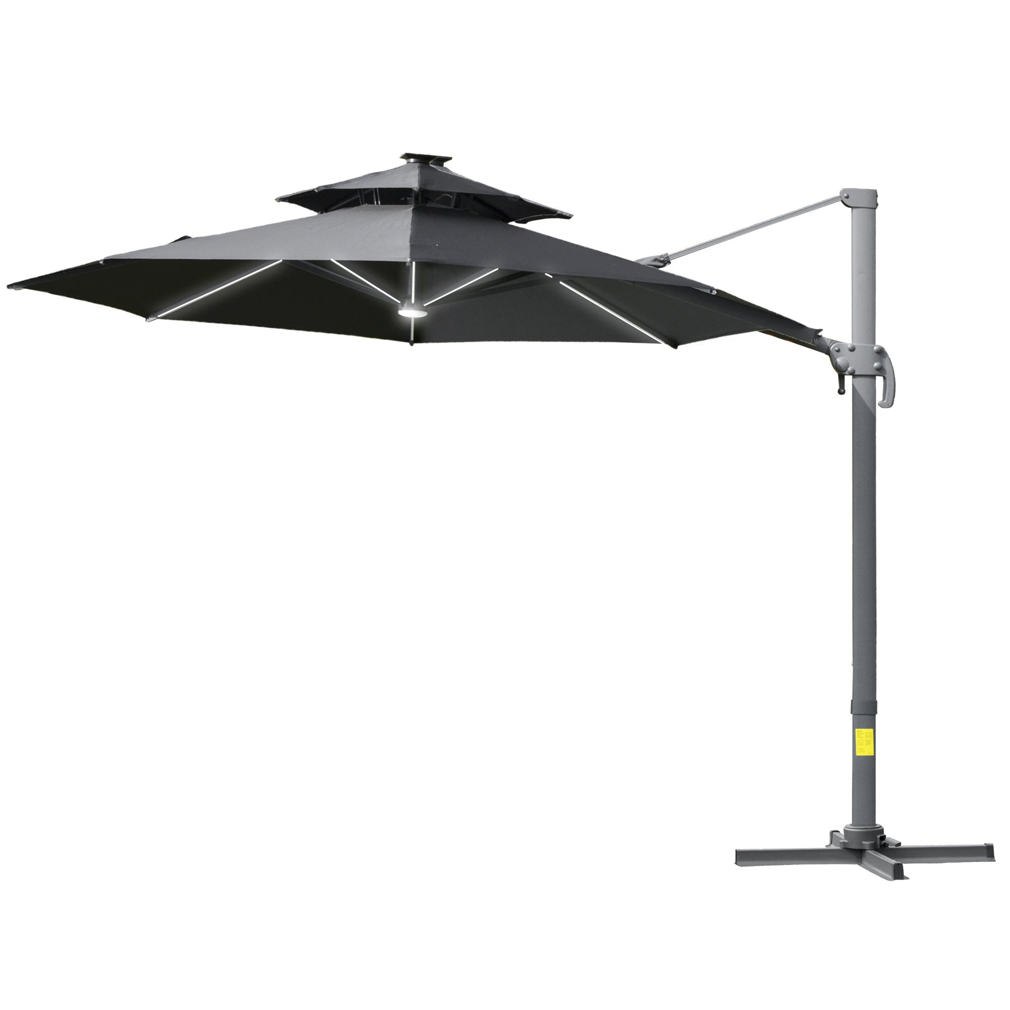 Outsunny 3m Cantilever Parasol w/ Solar Lights Power Bank Base 360° Spin Dark Grey - North Peak Garden Furniture