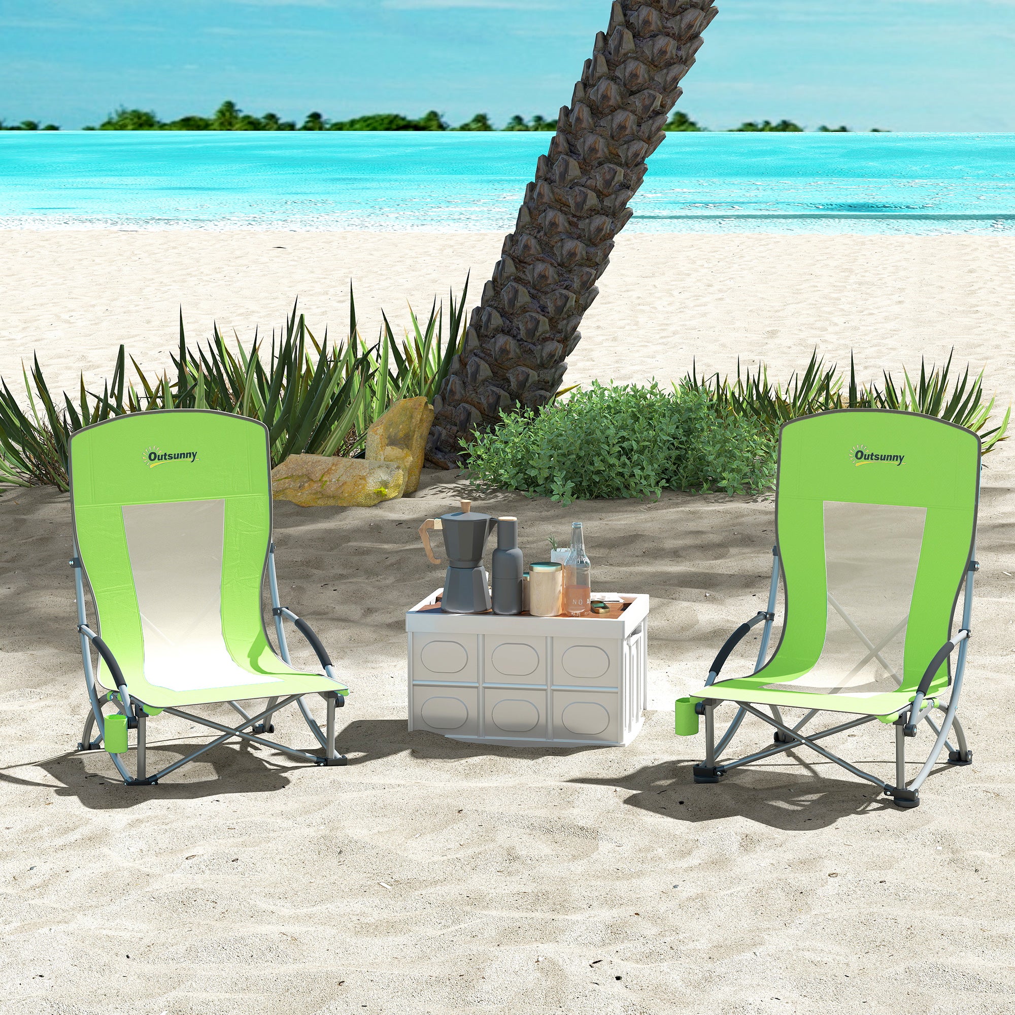 Outsunny Set of 2 Folding Beach Chair, Low Camping Chair with Mesh Back, Carry Bag and Cup Holder for Garden Outdoor Picnic Festival Travel, Green - North Peak Garden Furniture