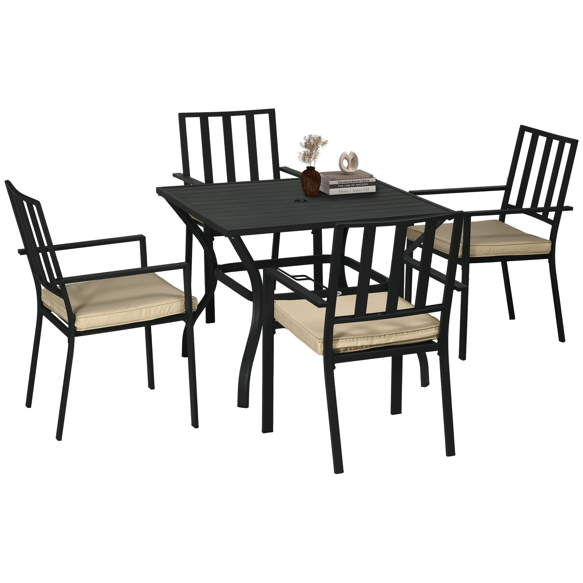 Outsunny 5 Pieces Garden Dining Set with Cushions, Outdoor Patio Table and 4 Stackable Chairs, Metal Top Table with Umbrella Hole, Black - North Peak Garden Furniture
