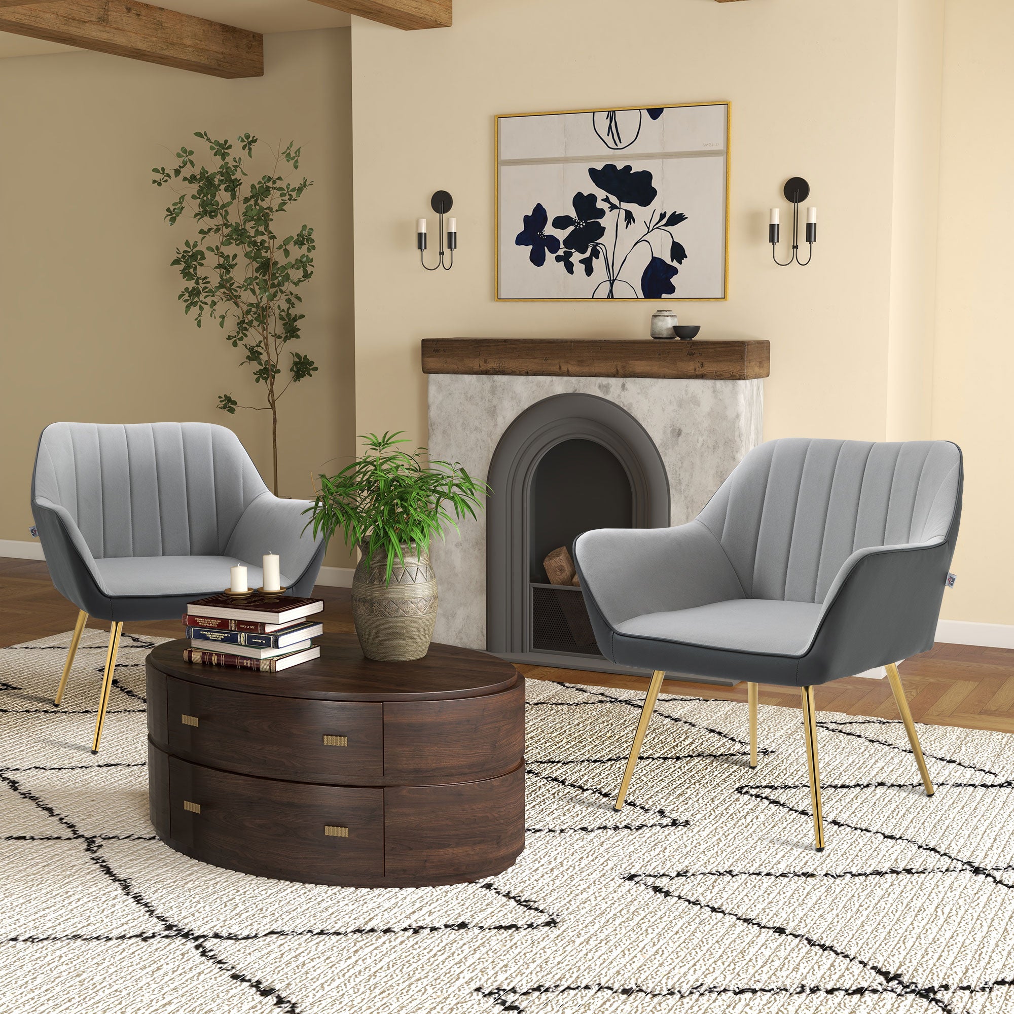 HOMCOM Velvet Armchairs, Upholstered Accent Chairs with Golden Steel Legs, Modern Vanity Chairs for Living Room and Bedroom, Set of 2, Light Grey - North Peak Garden Furniture