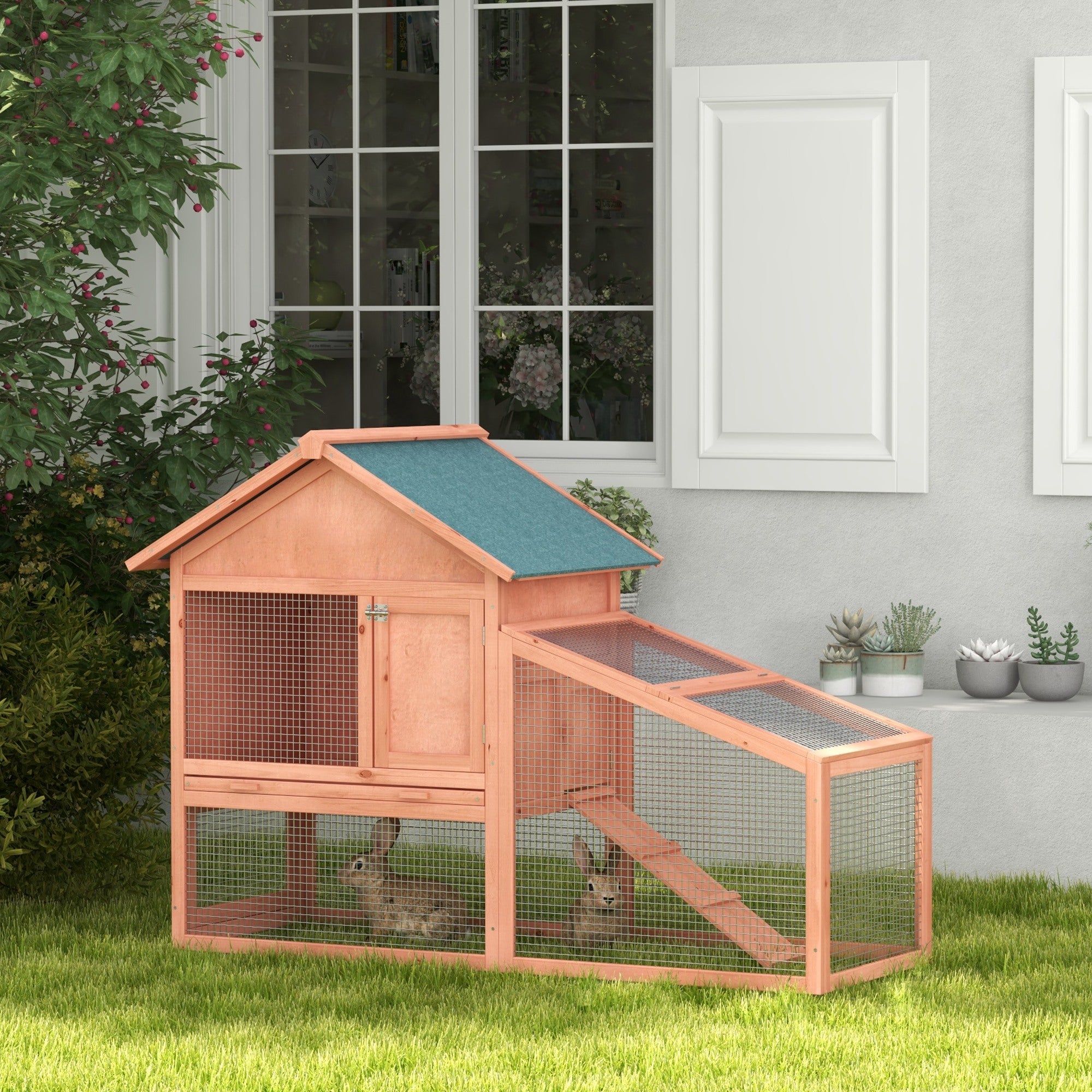 PawHut 2 Tier Rabbit Hutch Outdoor, Guinea Pig Hutch, Solid Wood Bunny House, Water Resistant Asphalt Roof Ramp Sliding tray 144 x 64.5 x 100 cm - North Peak Garden Furniture