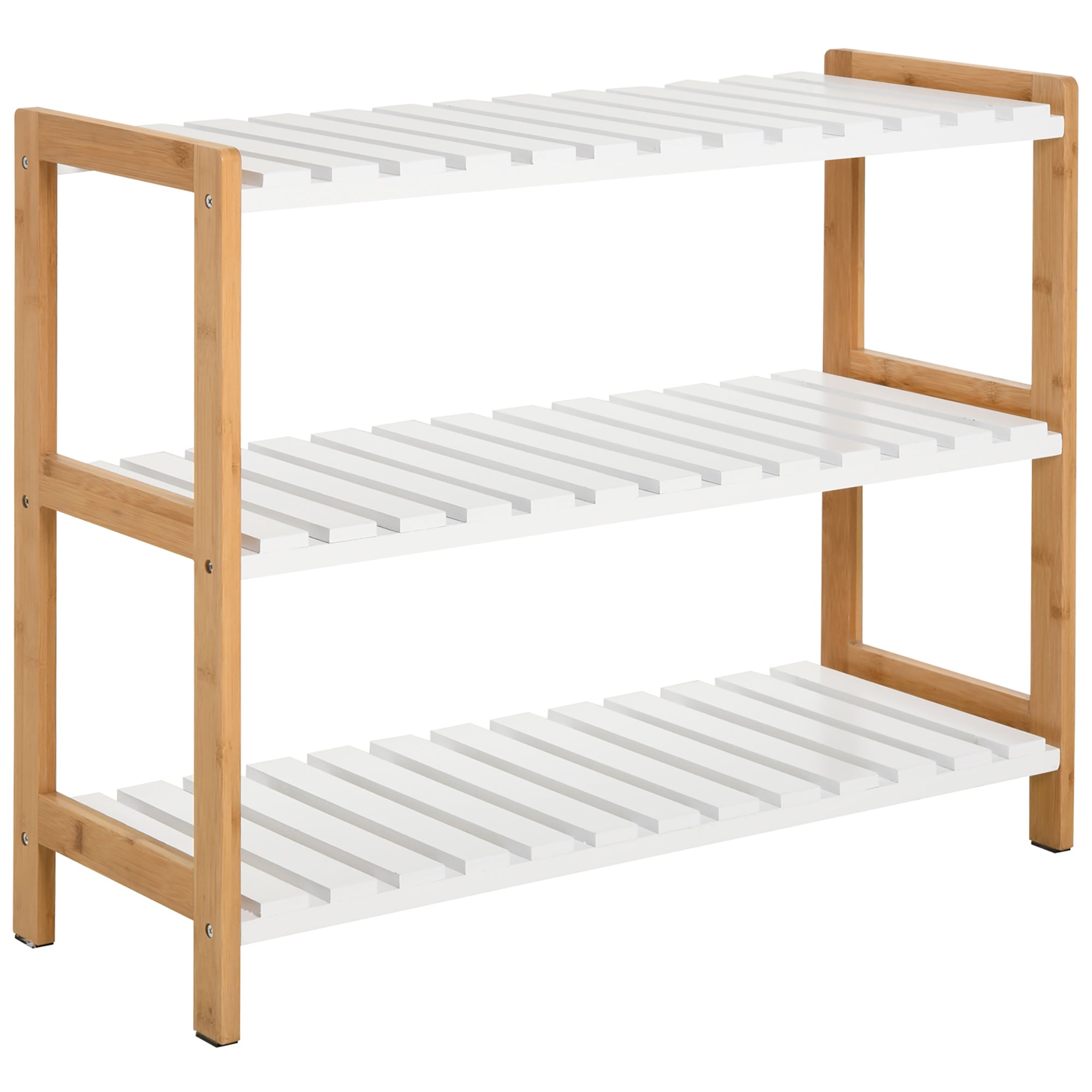 HOMCOM 3-Tier Shoe Rack Wood Frame Slatted Shelves Spacious Open Hygienic Storage Home Hallway Furniture Family Guests 70L x 26W x 57.5H cm - Natural - North Peak Garden Furniture