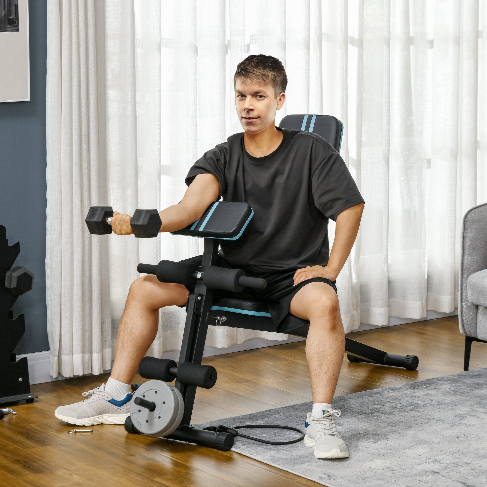 HOMCOM Foldable Weight Bench, Adjustable Strength Training Sit Up Ab Bench, Incline/Decline, Blue - North Peak Garden Furniture