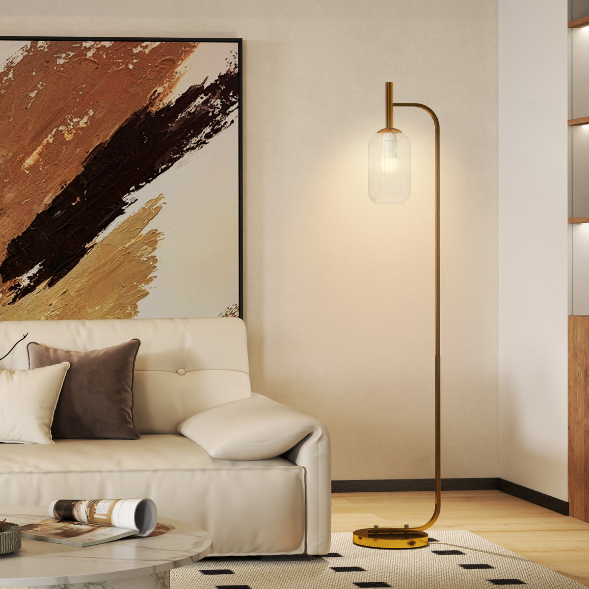 HOMCOM LED Floor Lamp for Living Room with Glass Lampshade, Modern Standing Lamp with Foot Switch, Adjustable Brightness, 2700K for Bedroom, Gold Tone