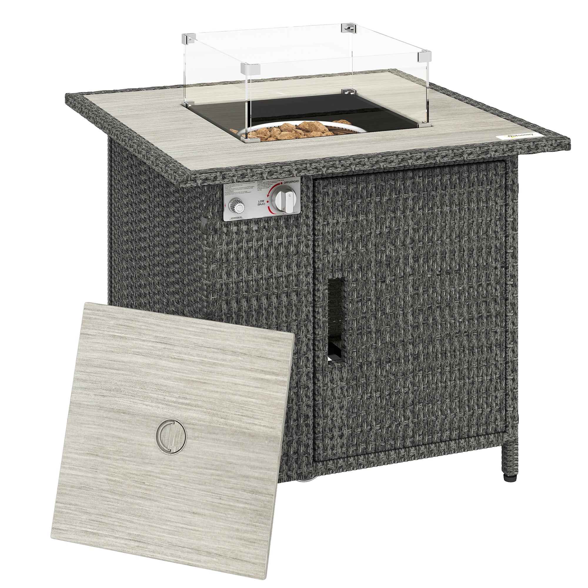 Outsunny 14.5 KW Rattan Gas Fire Pit Dining Table with Rain Cover, Wind Guard, Lid, Lava Rocks, Dark Grey