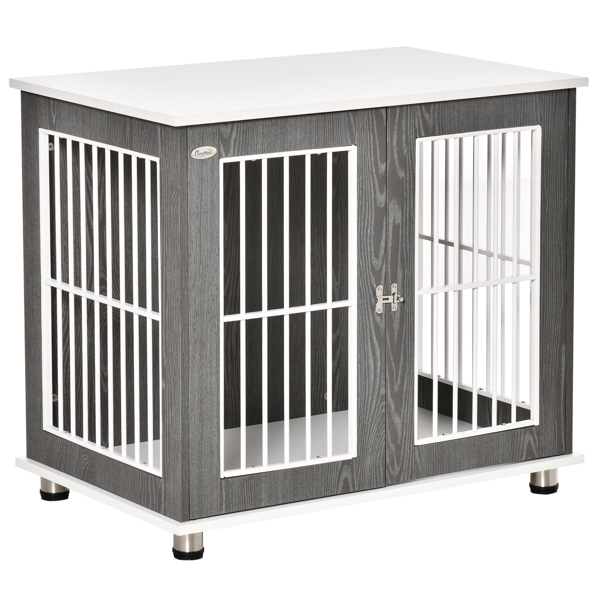 PawHut Dog Crate Wooden Pet Kennel Cage End Table w/ Lockable Door for Small Medium Dog Grey & White 85 x 55 x 75 cm - North Peak Garden Furniture