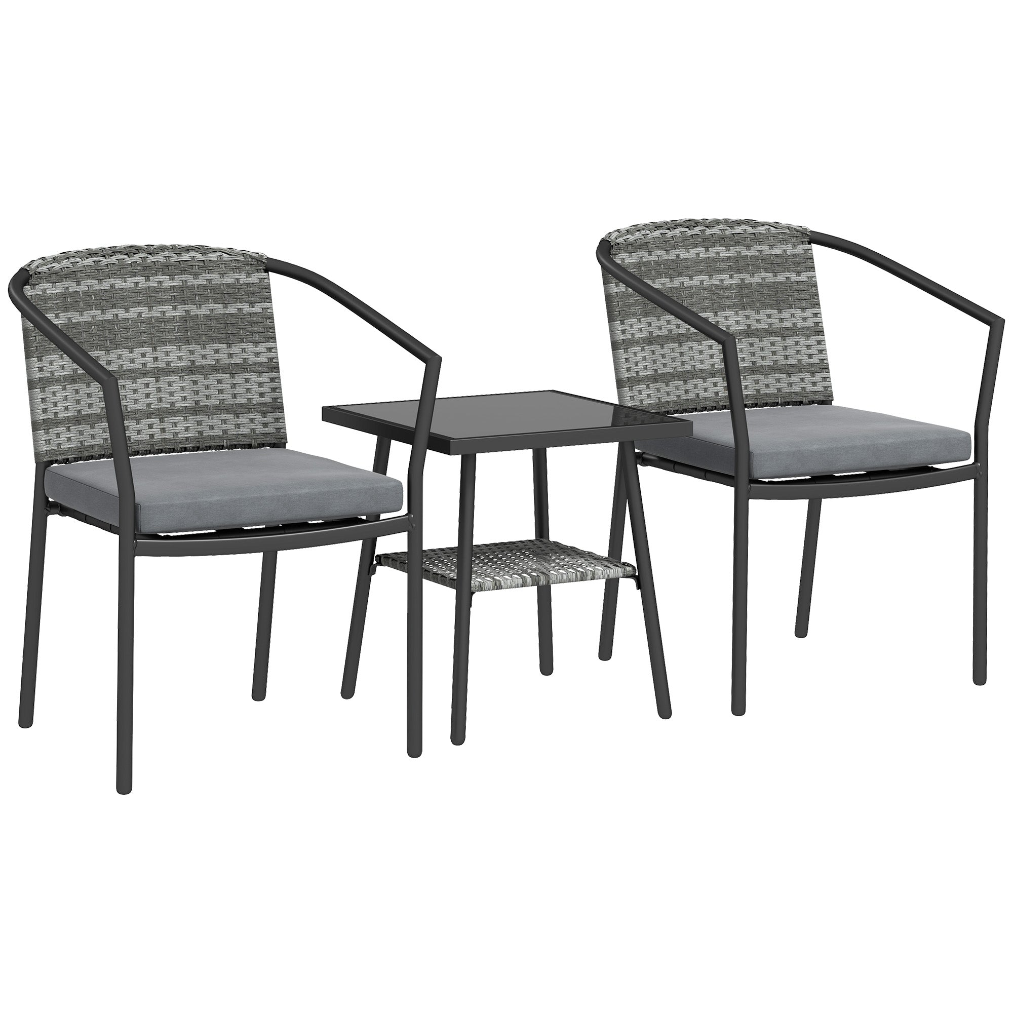 Outsunny 3 Pieces Rattan Bistro Set with Cushions, Wicker Garden Furniture Set, Glass Top Coffee Table and Chairs for Outdoor Patio, Balcony, Terrace and Conservatory, Grey - North Peak Garden Furniture