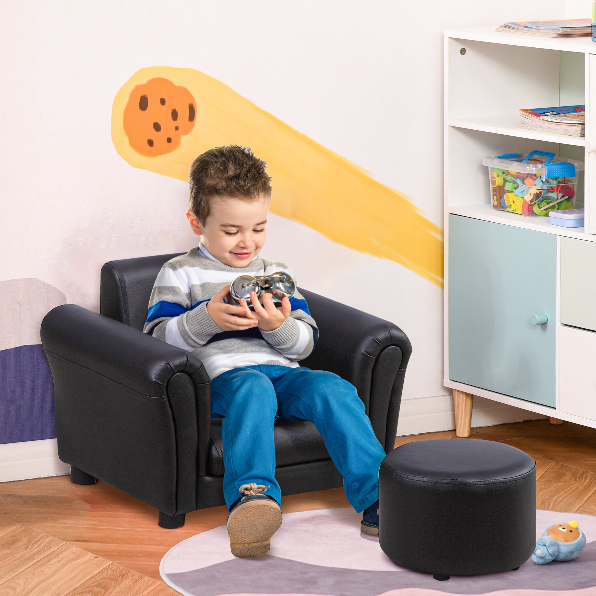 HOMCOM Toddler Chair Single Seater Kids Sofa Set, 54 x 42 x 41cm, Kids Sofa with Stool, Black - North Peak Garden Furniture