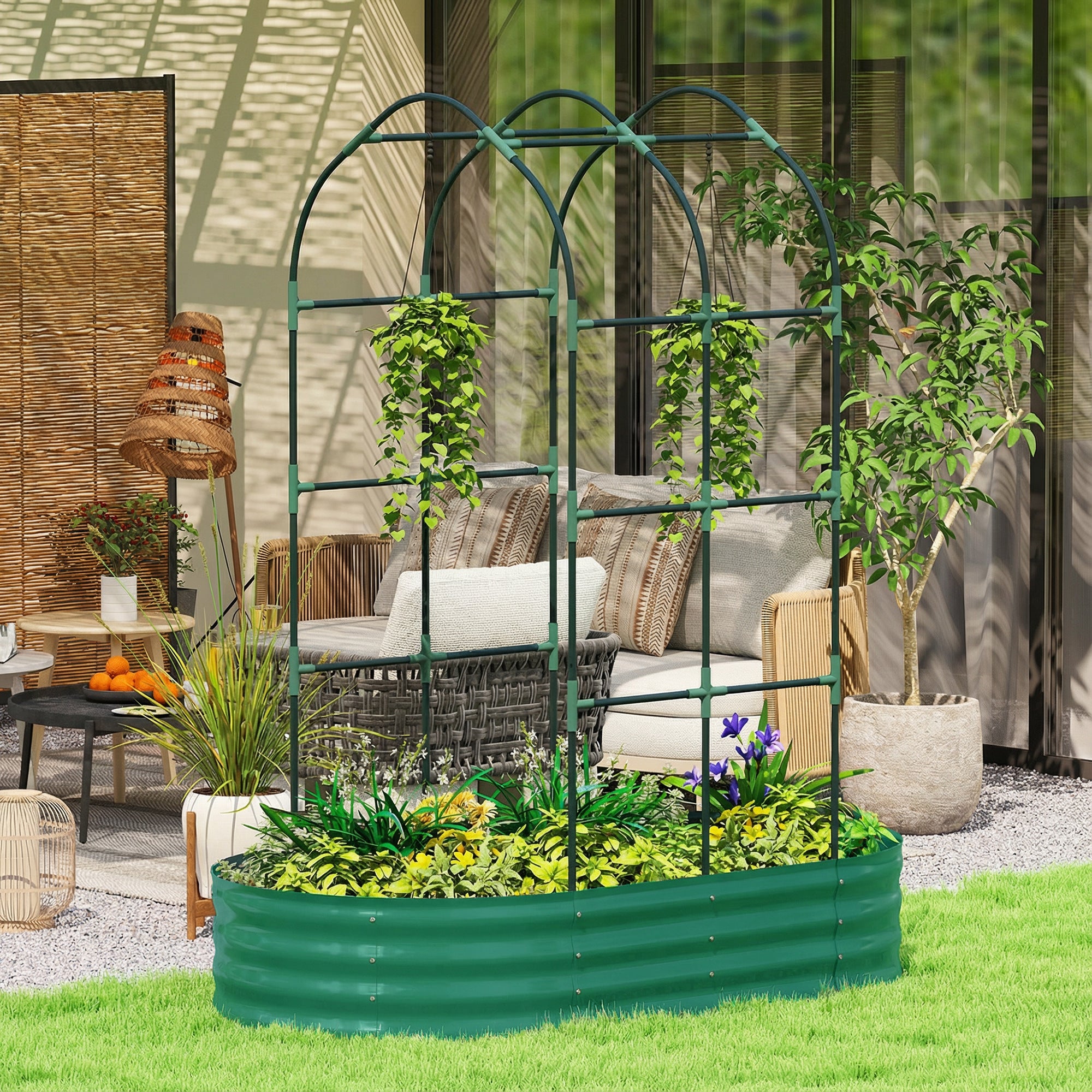 Outsunny Galvanised Raised Garden Bed with Arched Trellis, 5 x 3 x 6ft Metal Raised Bed for Garden with Open Bottom, Green