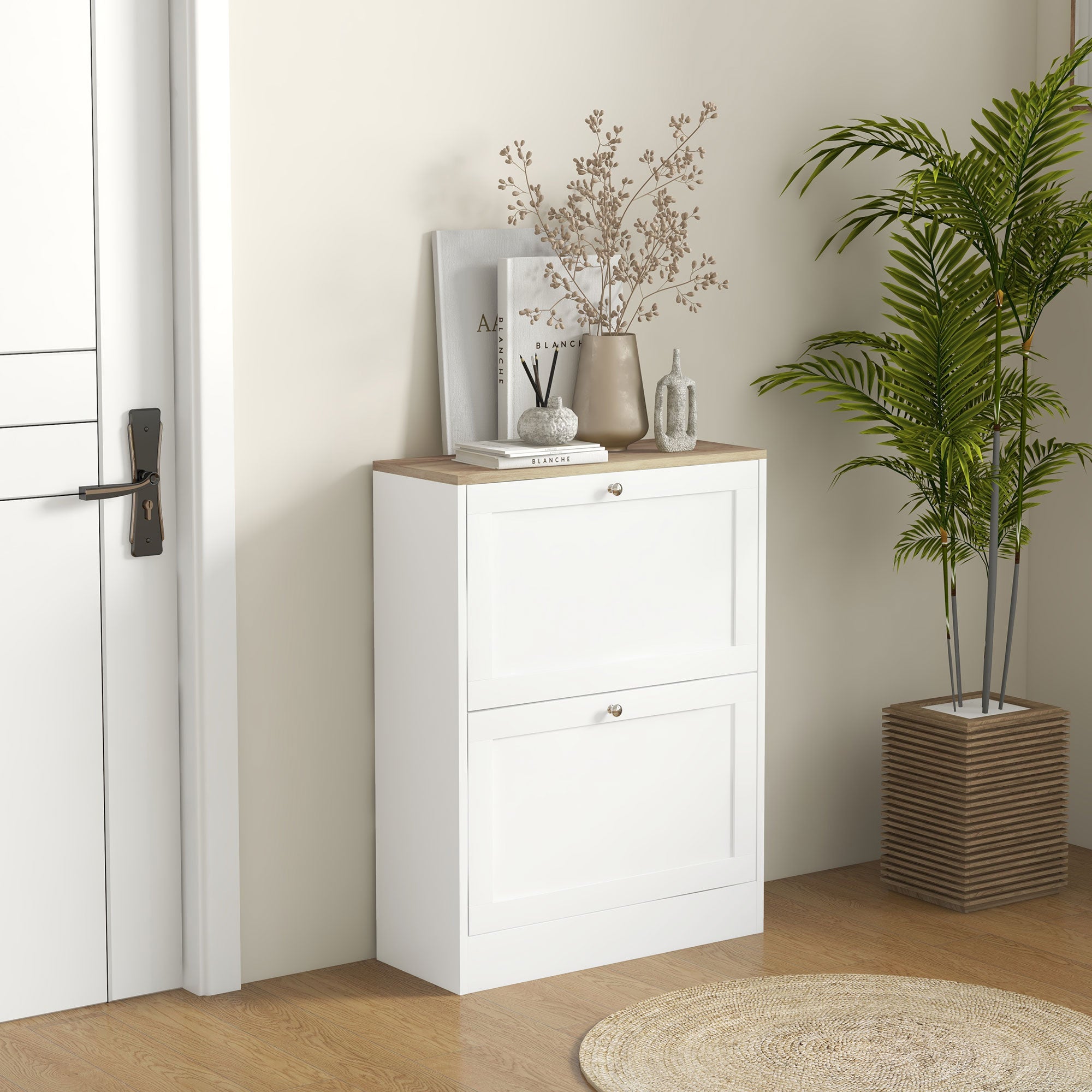 HOMCOM Narrow Shoe Cabinet with 2 Flip Drawers and Adjustable Shelves - White - North Peak Garden Furniture