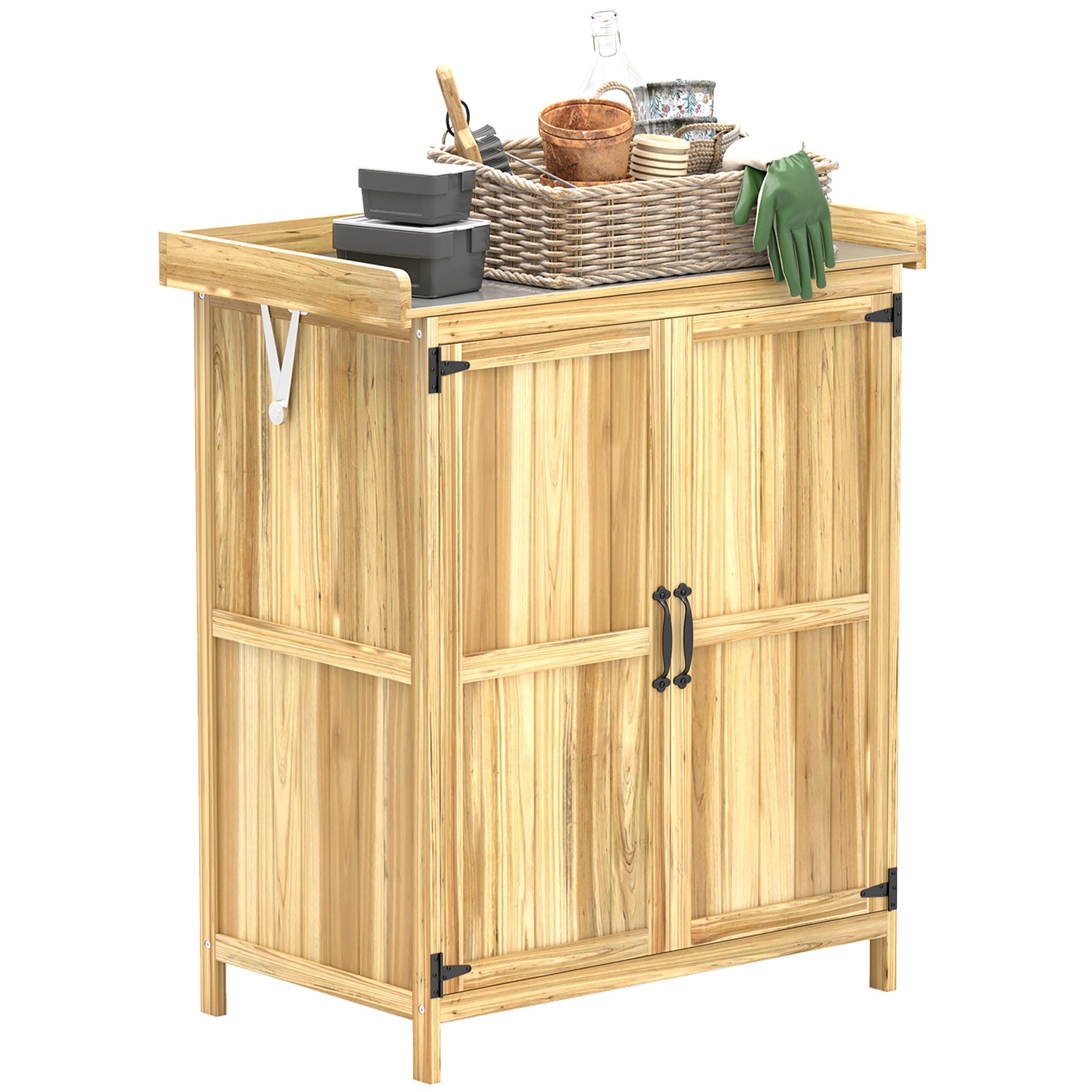 Outsunny 43 x 74cm Fir Wood Shed, with Metal Worktop - Natural Finish - North Peak Garden Furniture