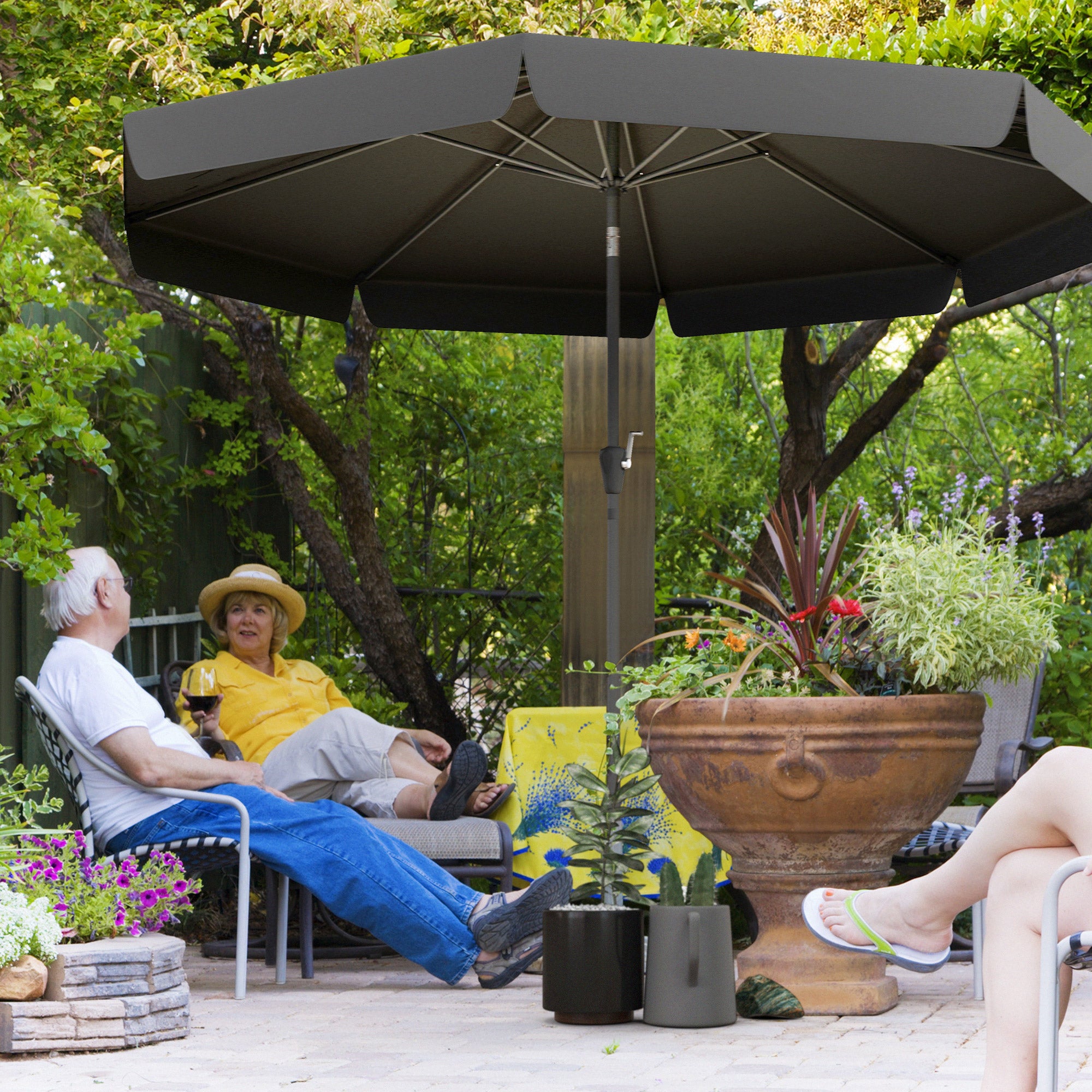 Outsunny 2.7m Patio Parasol Garden Umbrellas Outdoor Sun Shade Table Umbrella with Tilt, Crank, 8 Ribs, Ruffles, Black - North Peak Garden Furniture