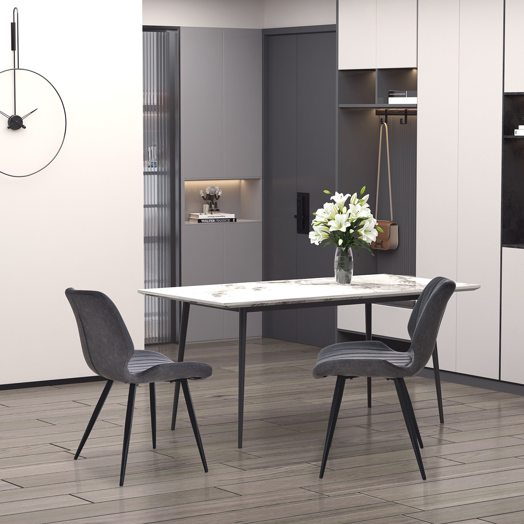 HOMCOM Dining Chairs Set of 2, PU Leather Upholstered Kitchen Chairs with Backs, Moulded Padded Seats and Steel Frame for Dining Room, Grey - North Peak Garden Furniture