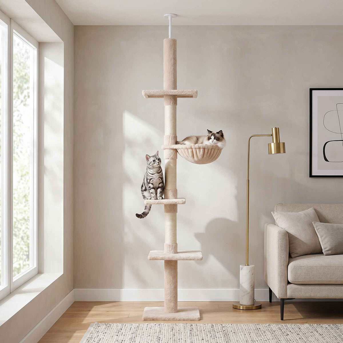 PawHut Floor to Ceiling Cat Tree for Indoor Cats 5-Tier Kitty Tower Climbing Activity Center Scratching Post Adjustable Height 230-260 cm Beige