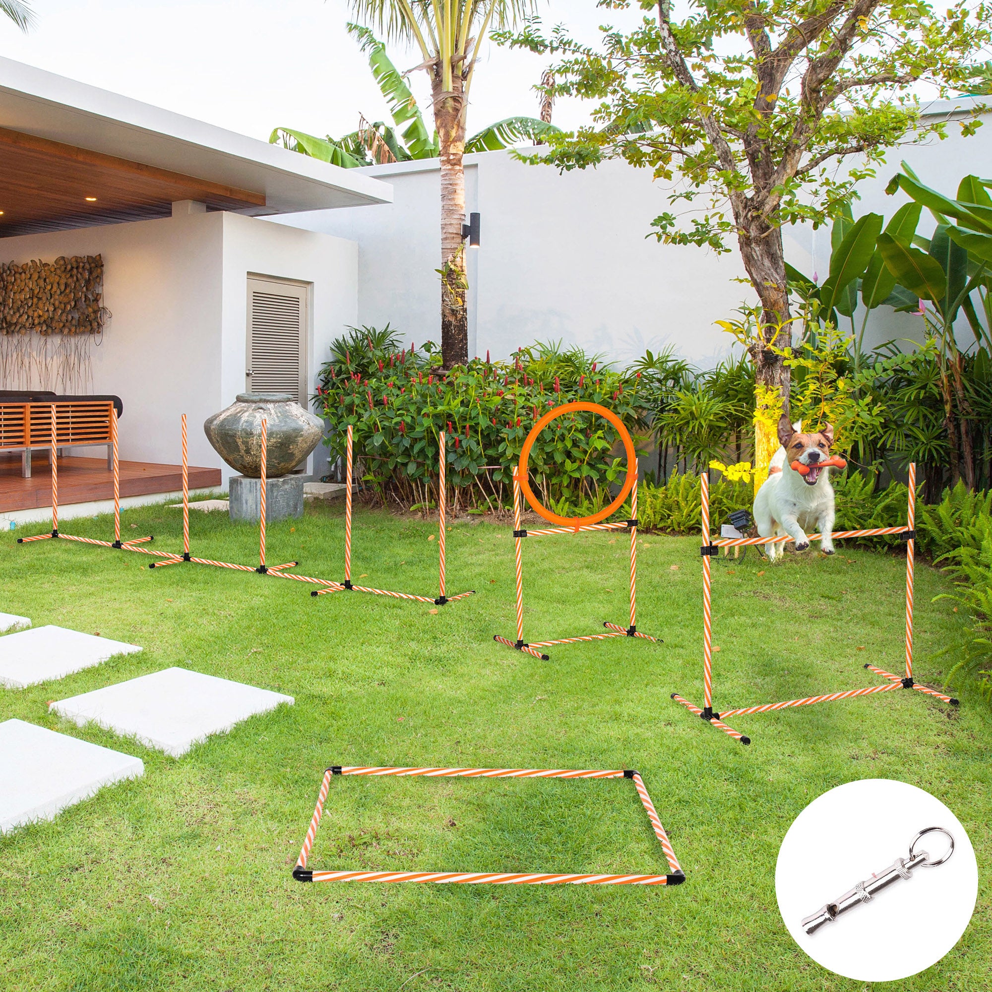PawHut Dog Agility Equipment Pet Training Set with Adjustable Height Jump Ring Hurdle Whistle Weave Poles Square Pause Box Carry Bag - North Peak Garden Furniture