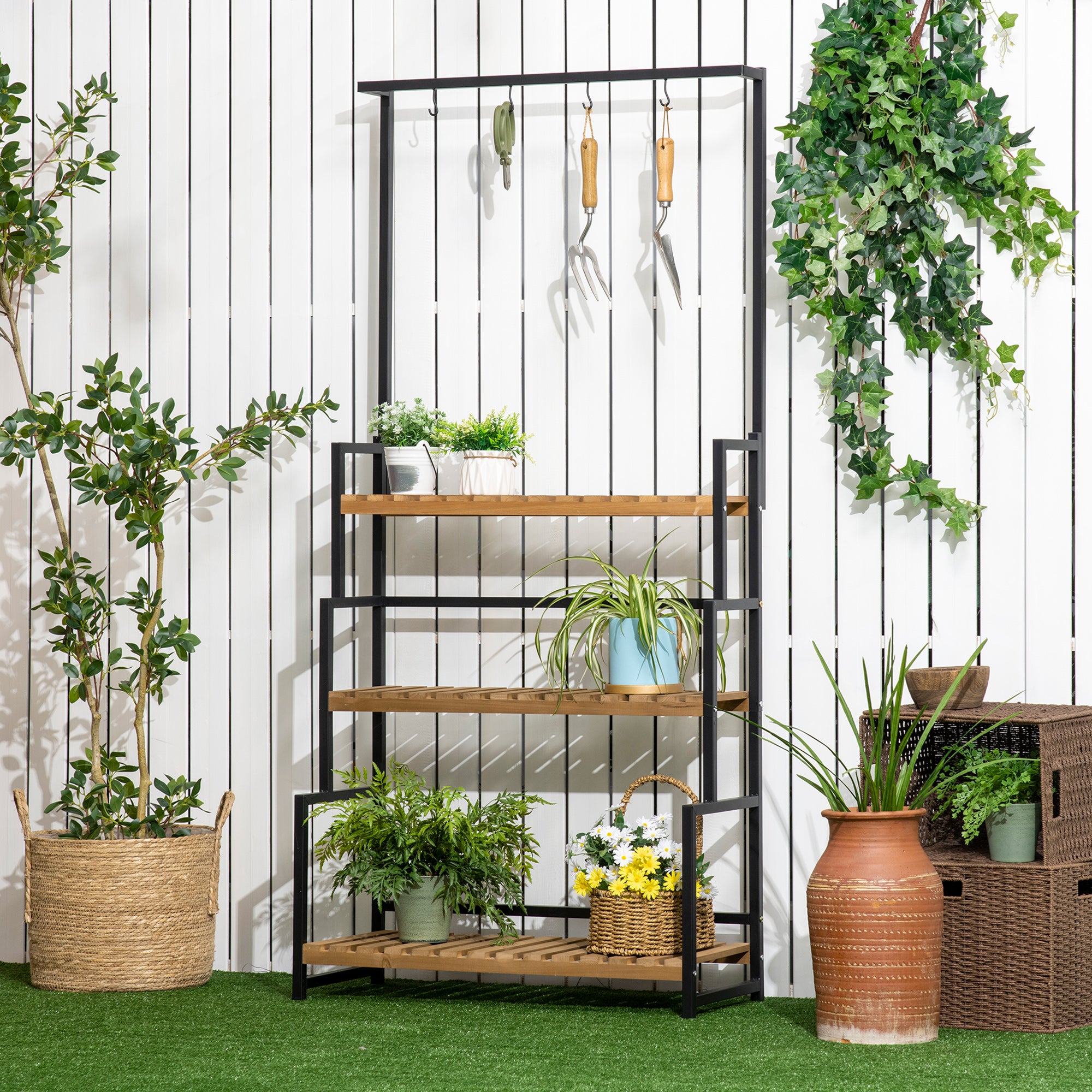 Outsunny 3 Tiered Plant Stand with Hanging Hooks, Flower Rack Shelf for Indoor Outdoor Porch Balcony Living Room Bedroom - North Peak Garden Furniture