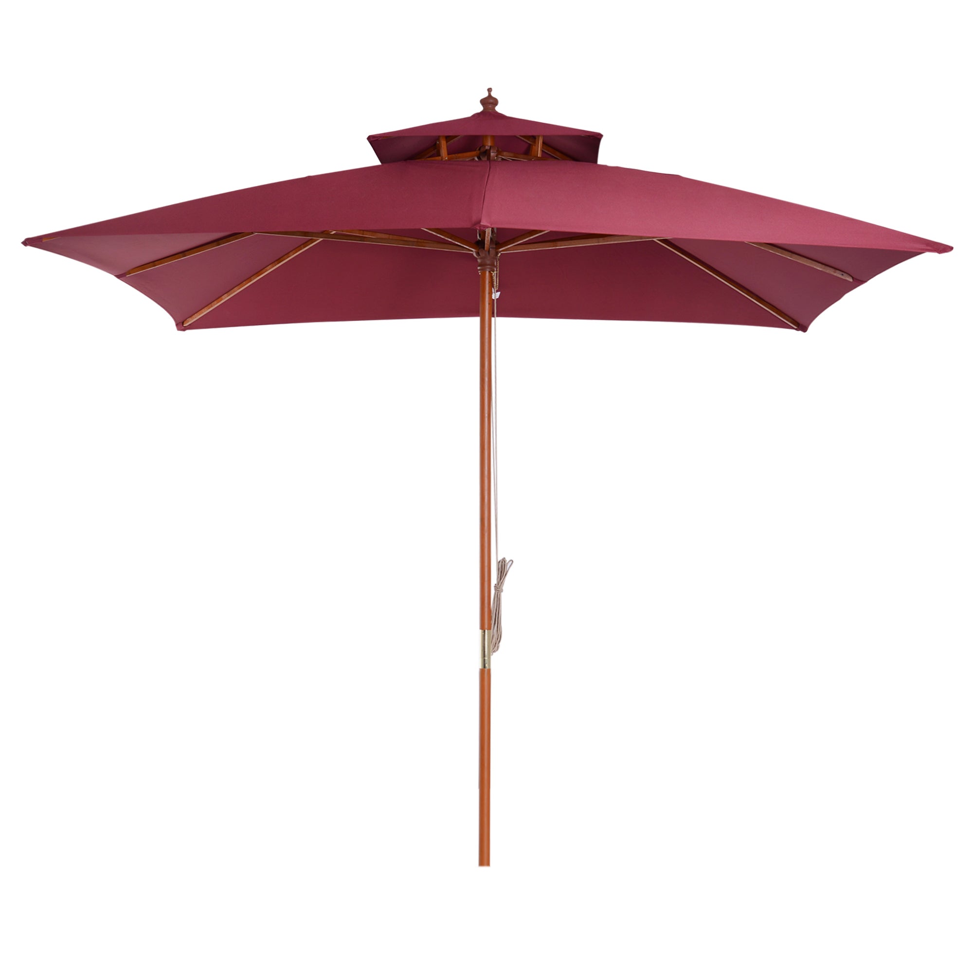 Outsunny 3 x 3(M) Garden Parasol Umbrella Sunshade, Outdoor Wooden Parasol with Double Tier Canopy, Wine Red - North Peak Garden Furniture